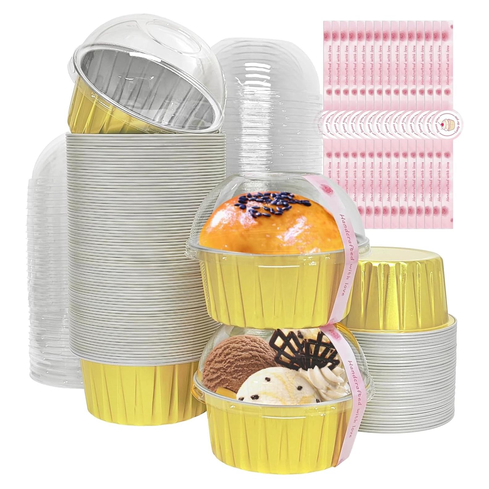 100 Tazas de Hornear de Aluminio QZV con Tapas 5 oz Doradas