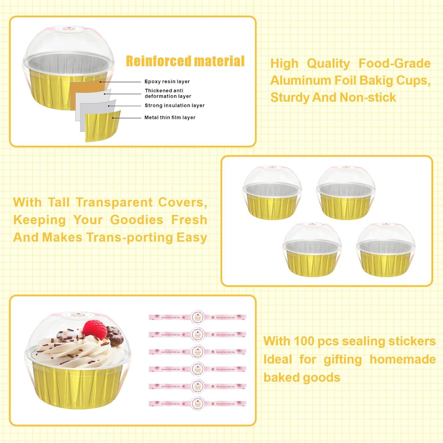 100 Tazas de Hornear de Aluminio QZV con Tapas 5 oz Doradas