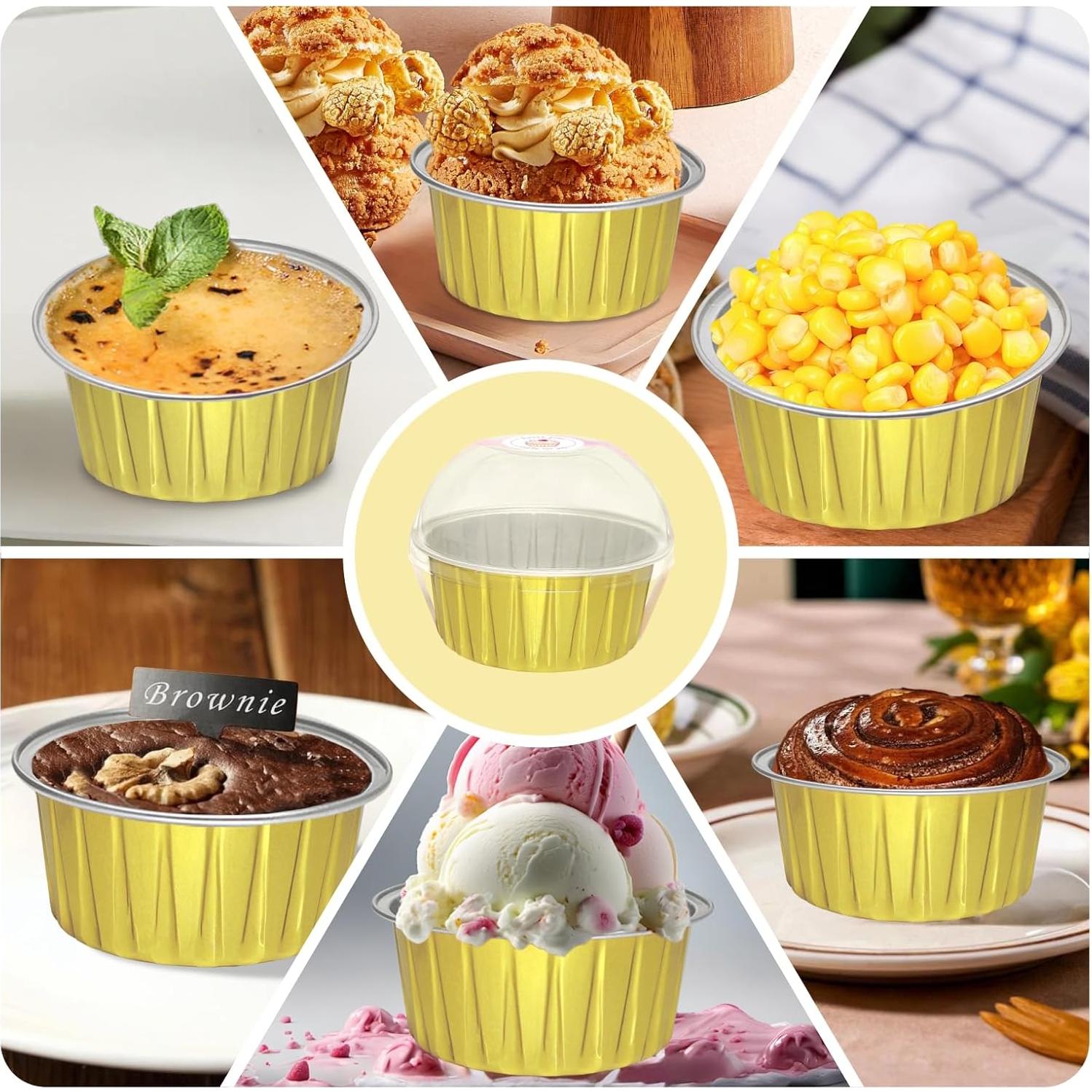 100 Tazas de Hornear de Aluminio QZV con Tapas 5 oz Doradas