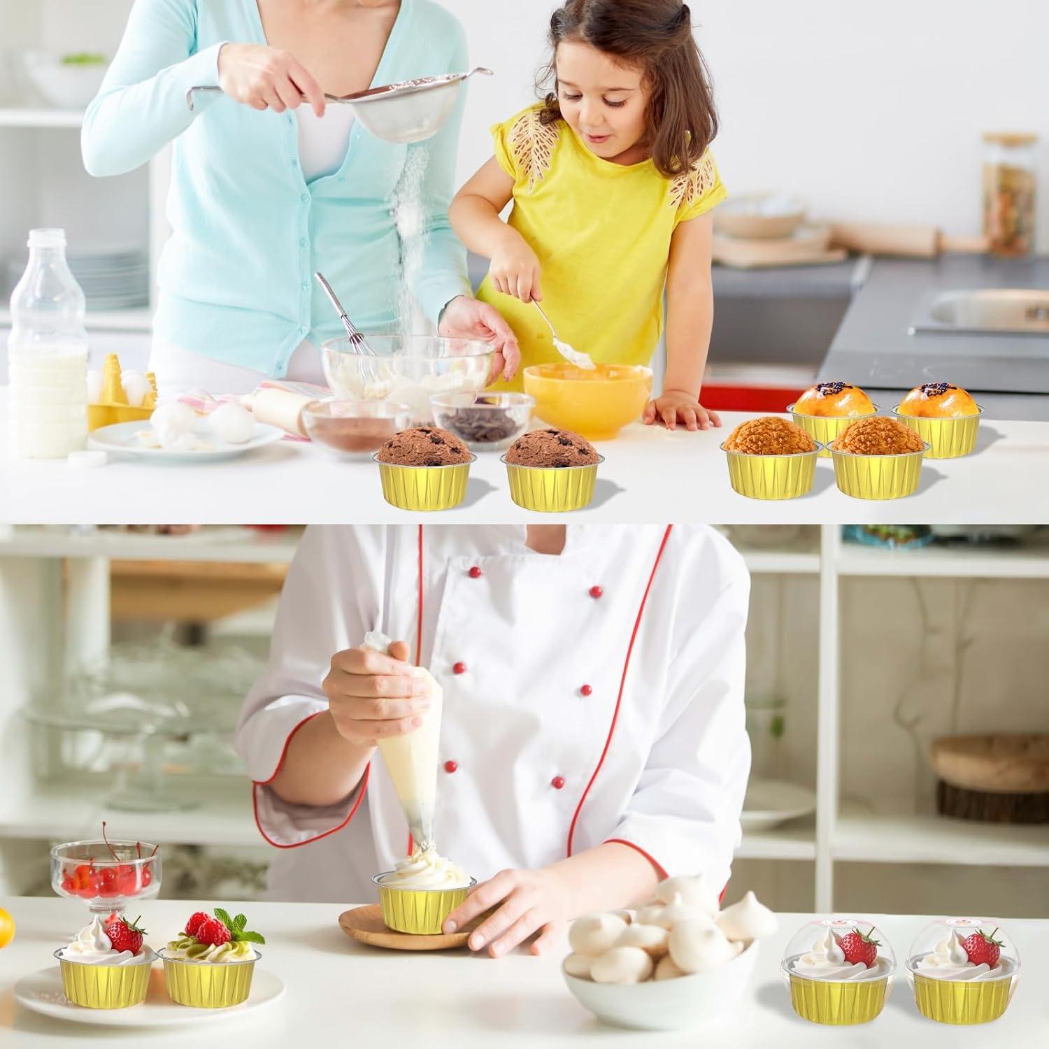 100 Tazas de Hornear de Aluminio QZV con Tapas 5 oz Doradas