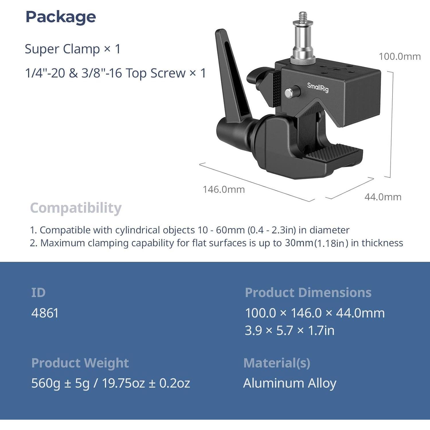Super Abrazadera SmallRig 4861, Carga 15kg, Tornillo 1/4"-20