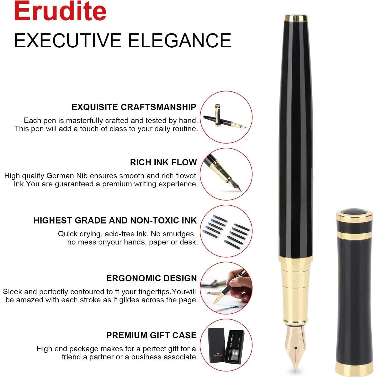 Pluma Fuente Cheericome Negra Punta Fina con 10 Cartuchos