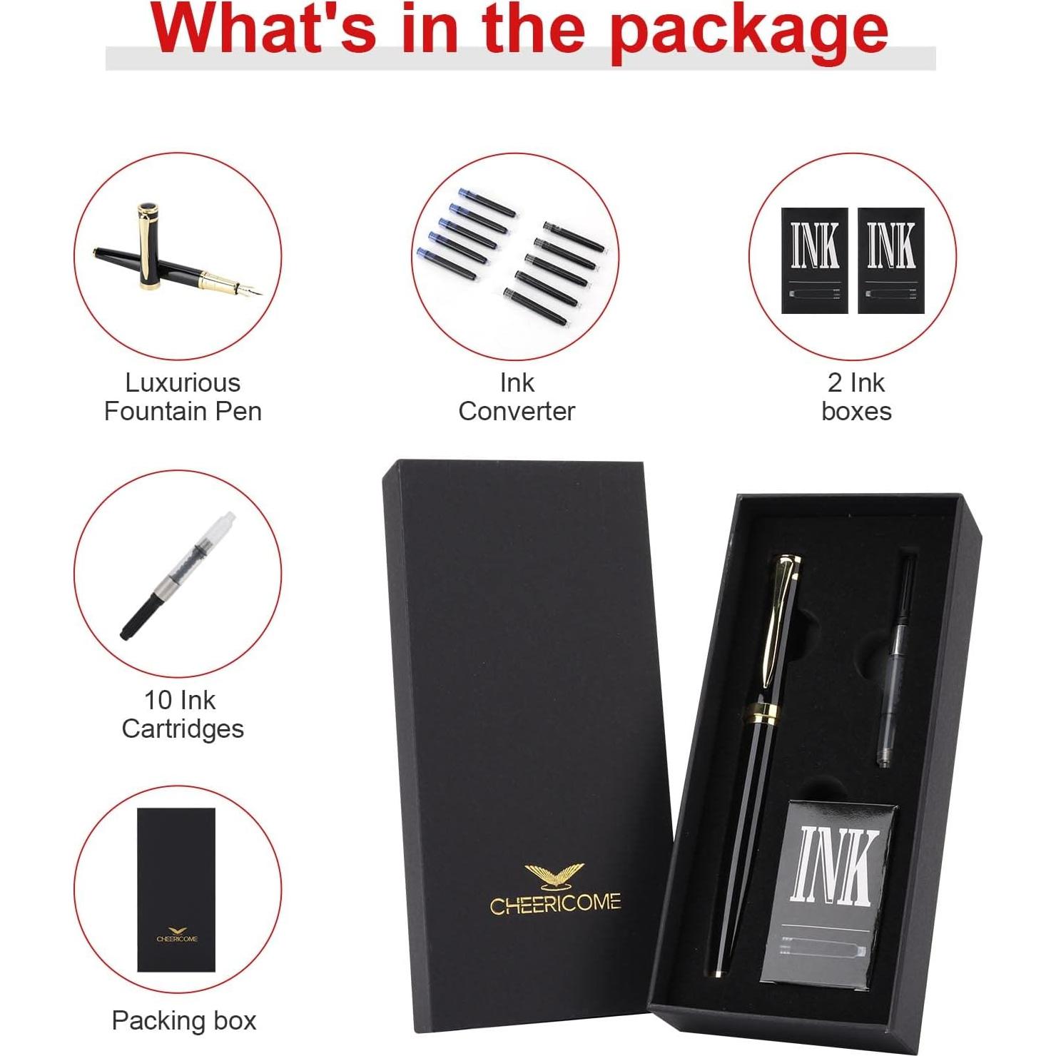 Pluma Fuente Cheericome Negra Punta Fina con 10 Cartuchos