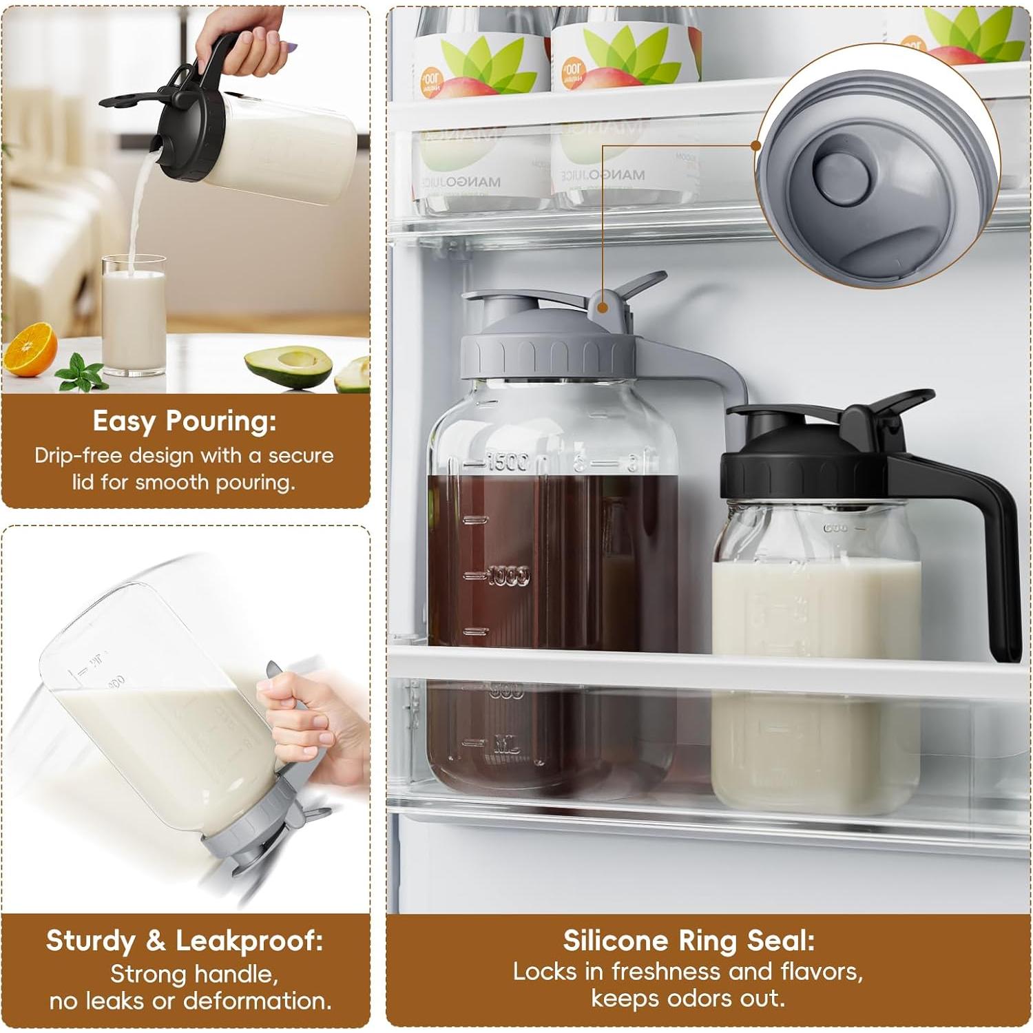 Jarra de Cristal Hermética JunVpic 32 oz con Pico y Asa Negra