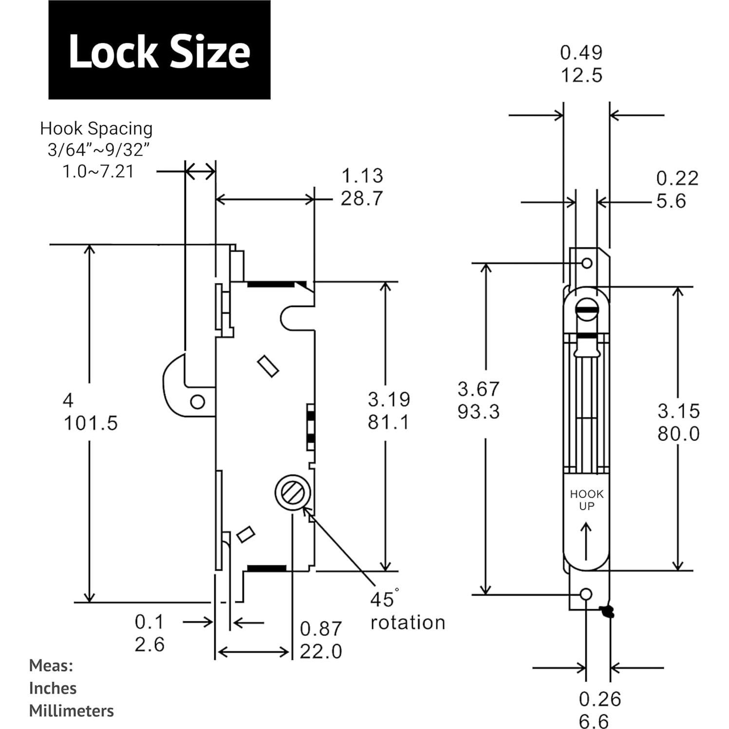 Cerradura deslizante Elox con llave, gancho corto, acero