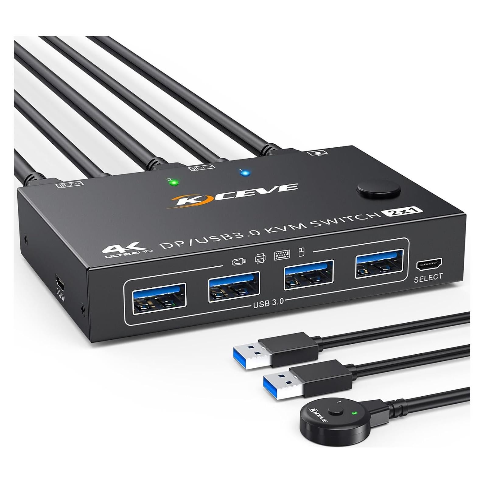 KVM Switch 2 Computadoras 1 Monitor KCEVE 4K@144Hz USB 3.0
