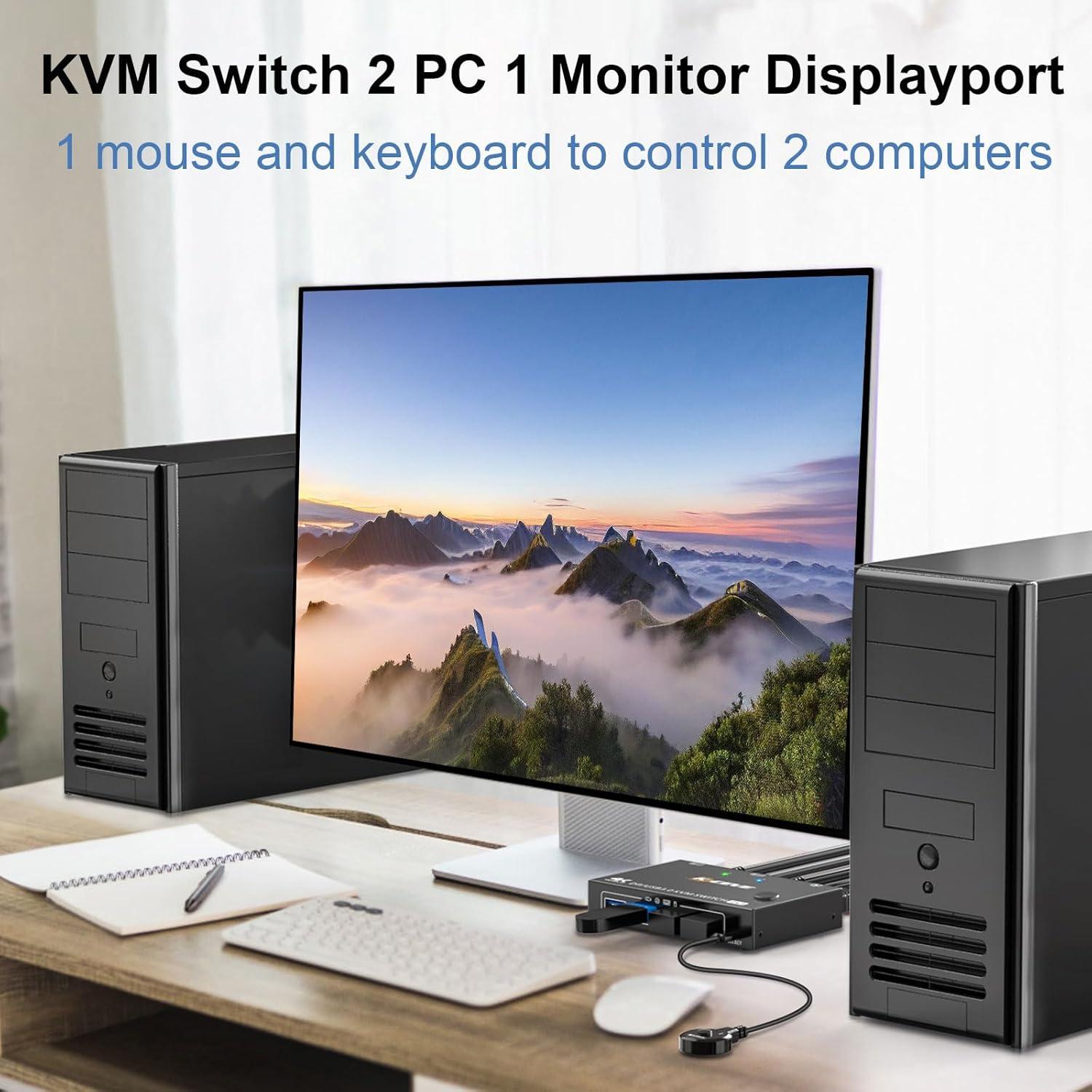 KVM Switch 2 Computadoras 1 Monitor KCEVE 4K@144Hz USB 3.0
