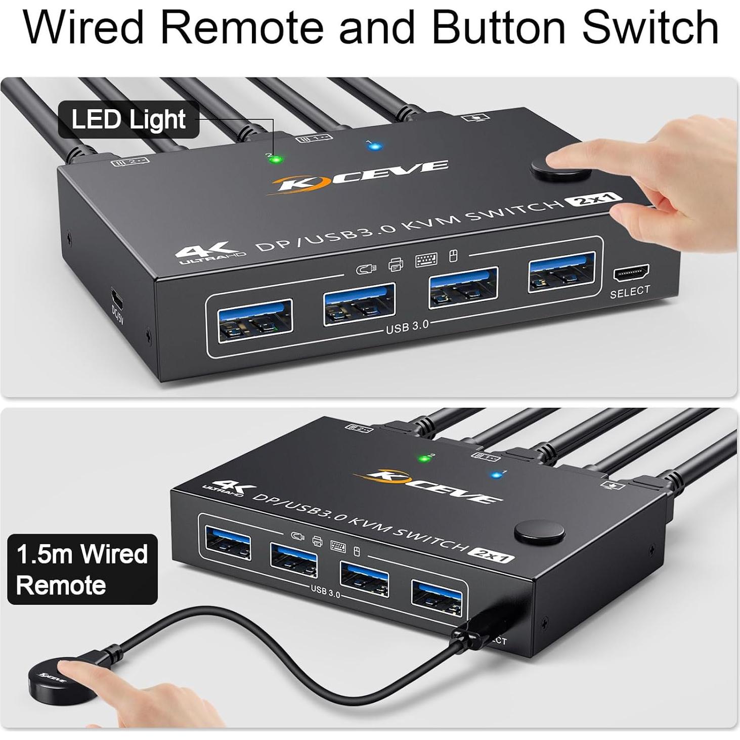 KVM Switch 2 Computadoras 1 Monitor KCEVE 4K@144Hz USB 3.0