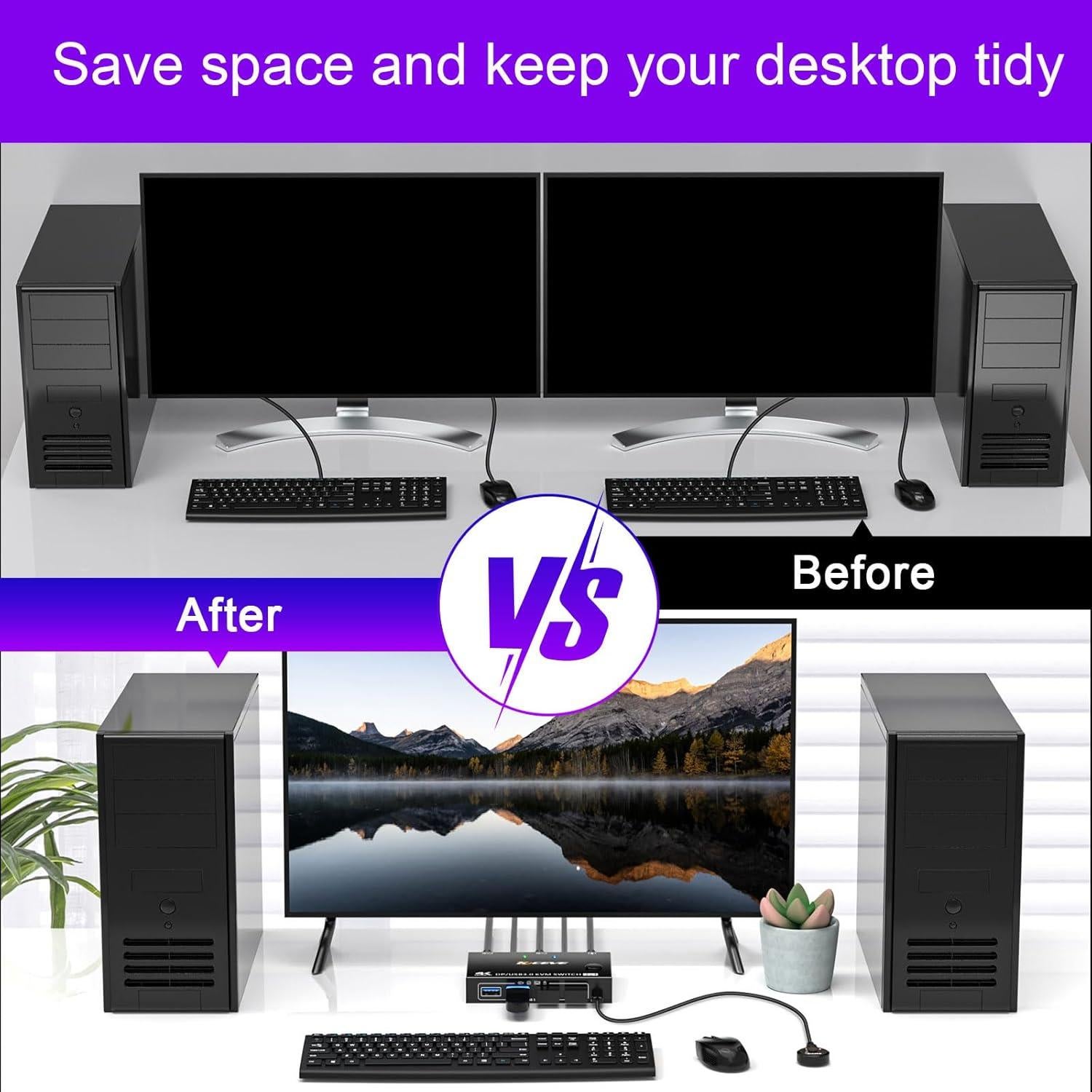 KVM Switch 2 Computadoras 1 Monitor KCEVE 4K@144Hz USB 3.0