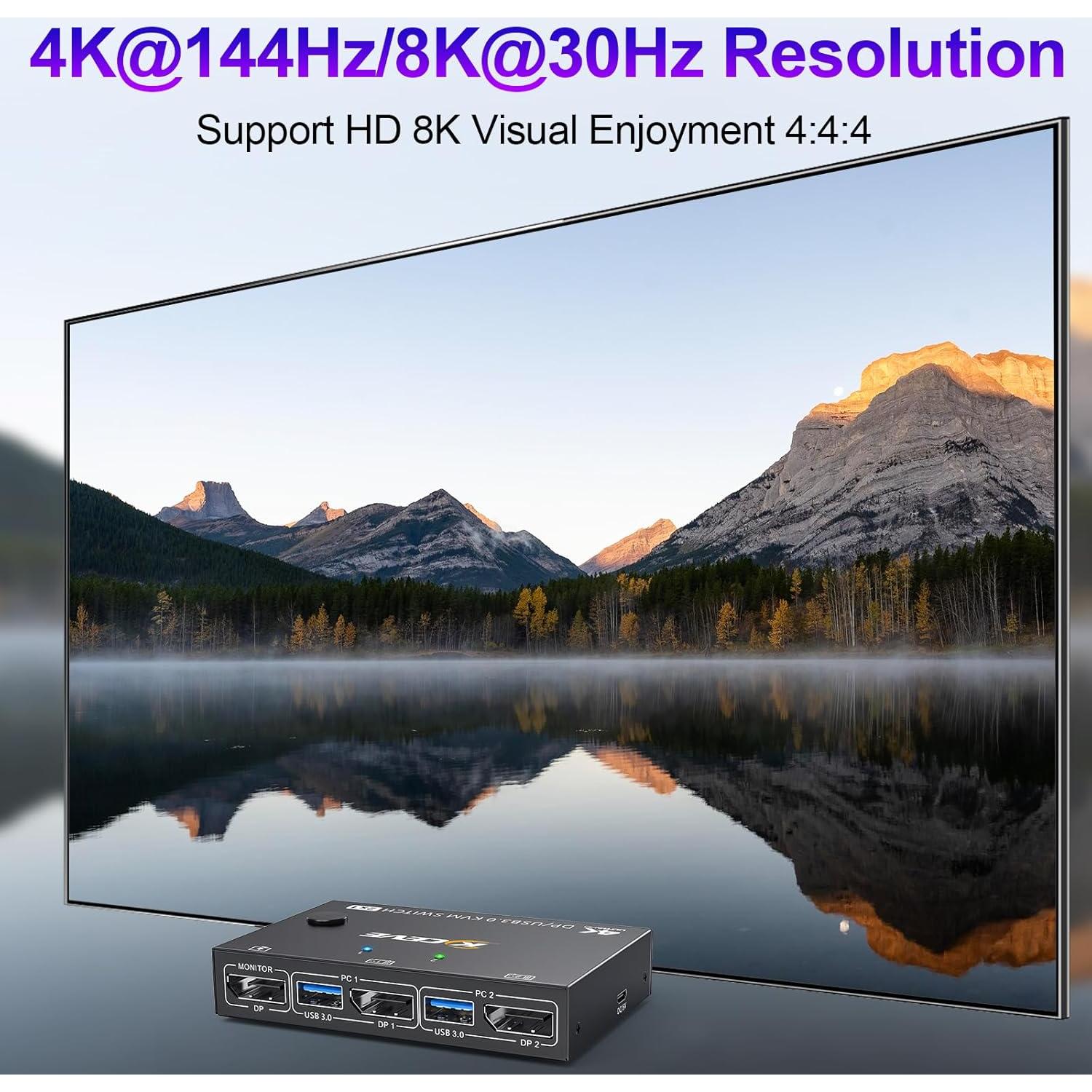 KVM Switch 2 Computadoras 1 Monitor KCEVE 4K@144Hz USB 3.0