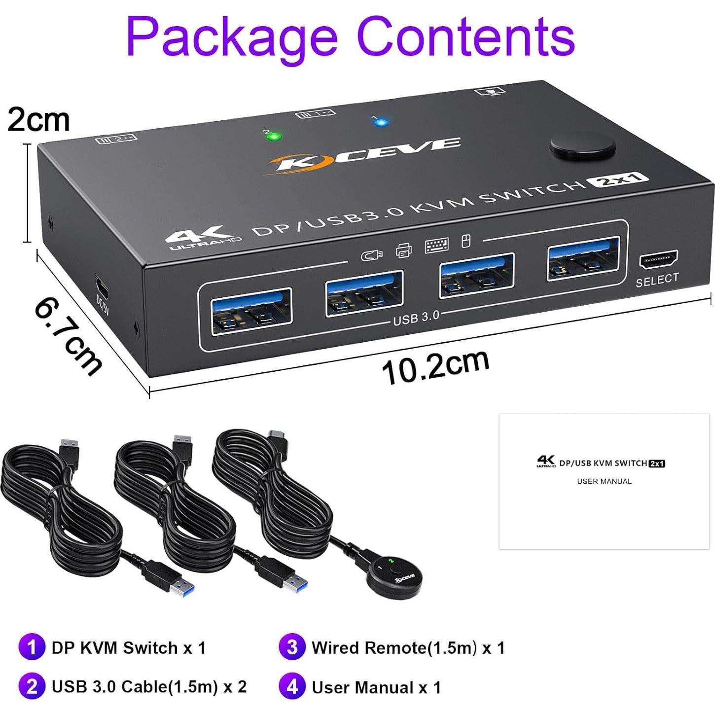 KVM Switch 2 Computadoras 1 Monitor KCEVE 4K@144Hz USB 3.0