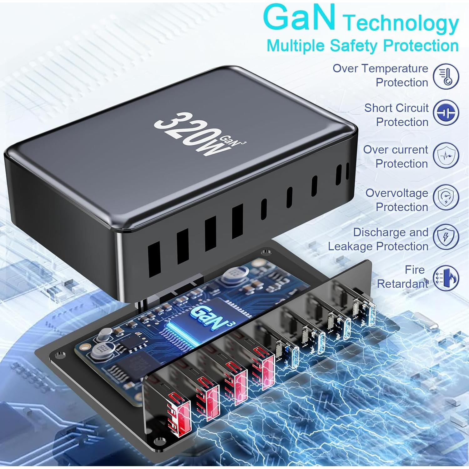 Cargador USB C 320W GaN Pro 8 Puertos Rápido Compatible