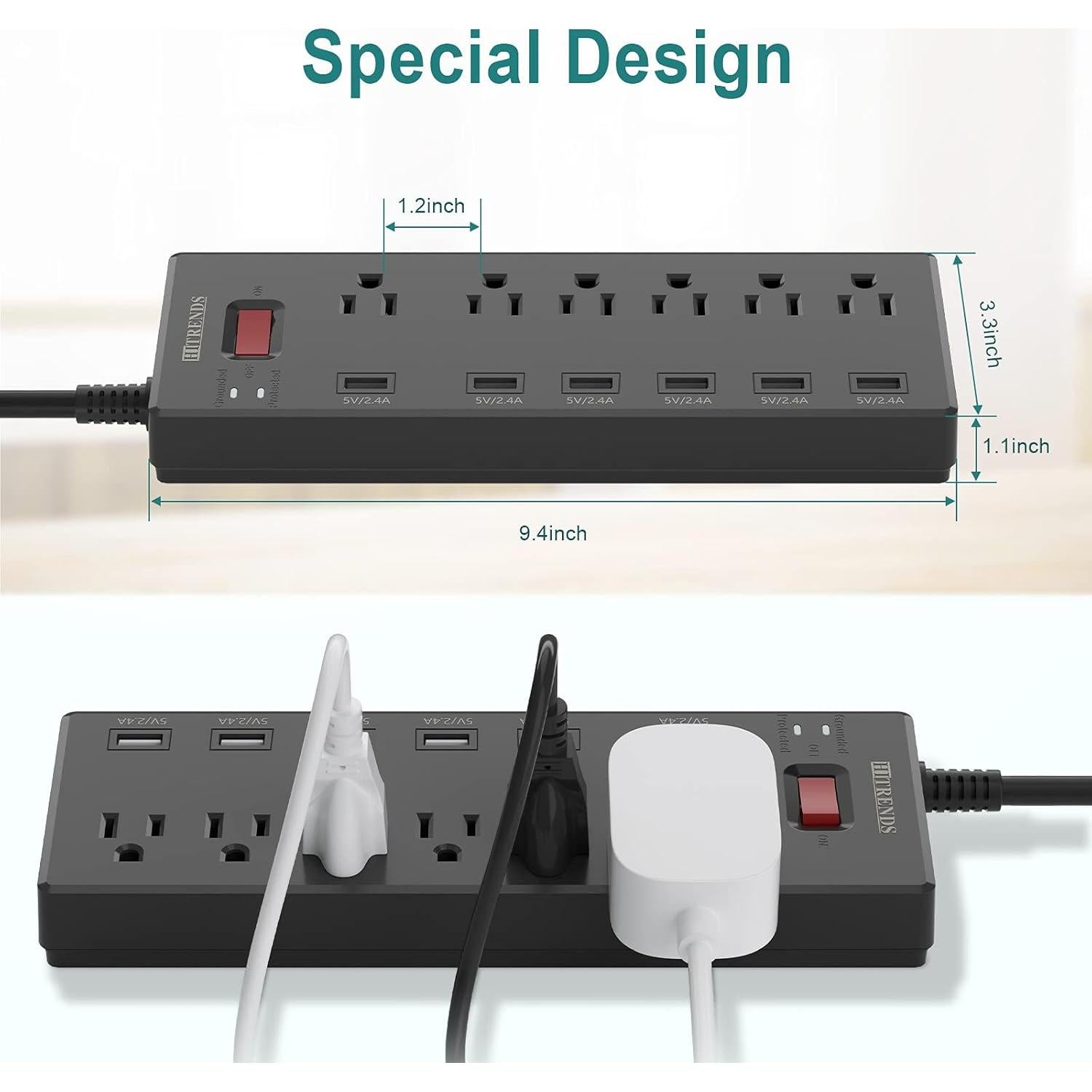 Regleta de Energía HITRENDS 6 Salidas AC y 6 USB 1.8m