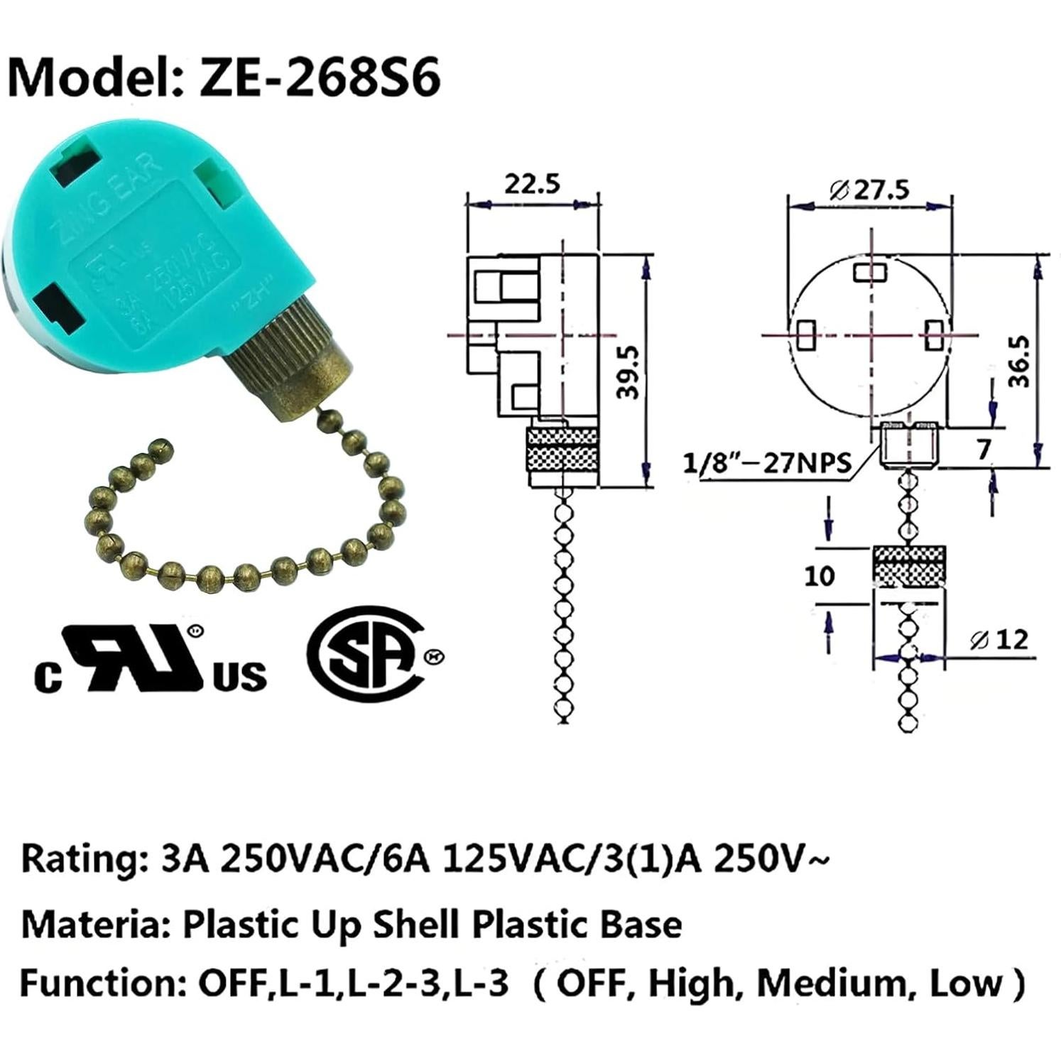 Interruptor de Ventilador de Techo 3 Velocidades PaeorRorL ZE-268S6