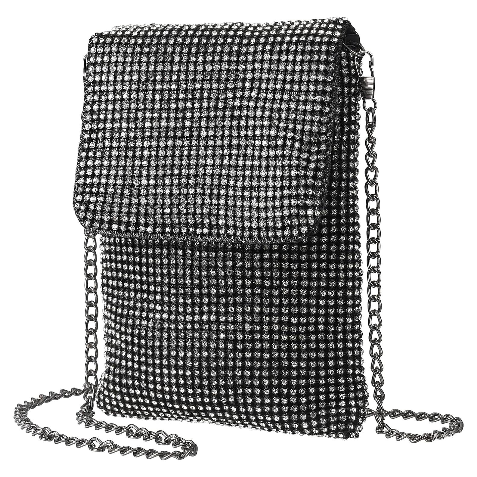 Bolso Clutch de Noche DTGN con Rhinestones Negro 10x18 cm