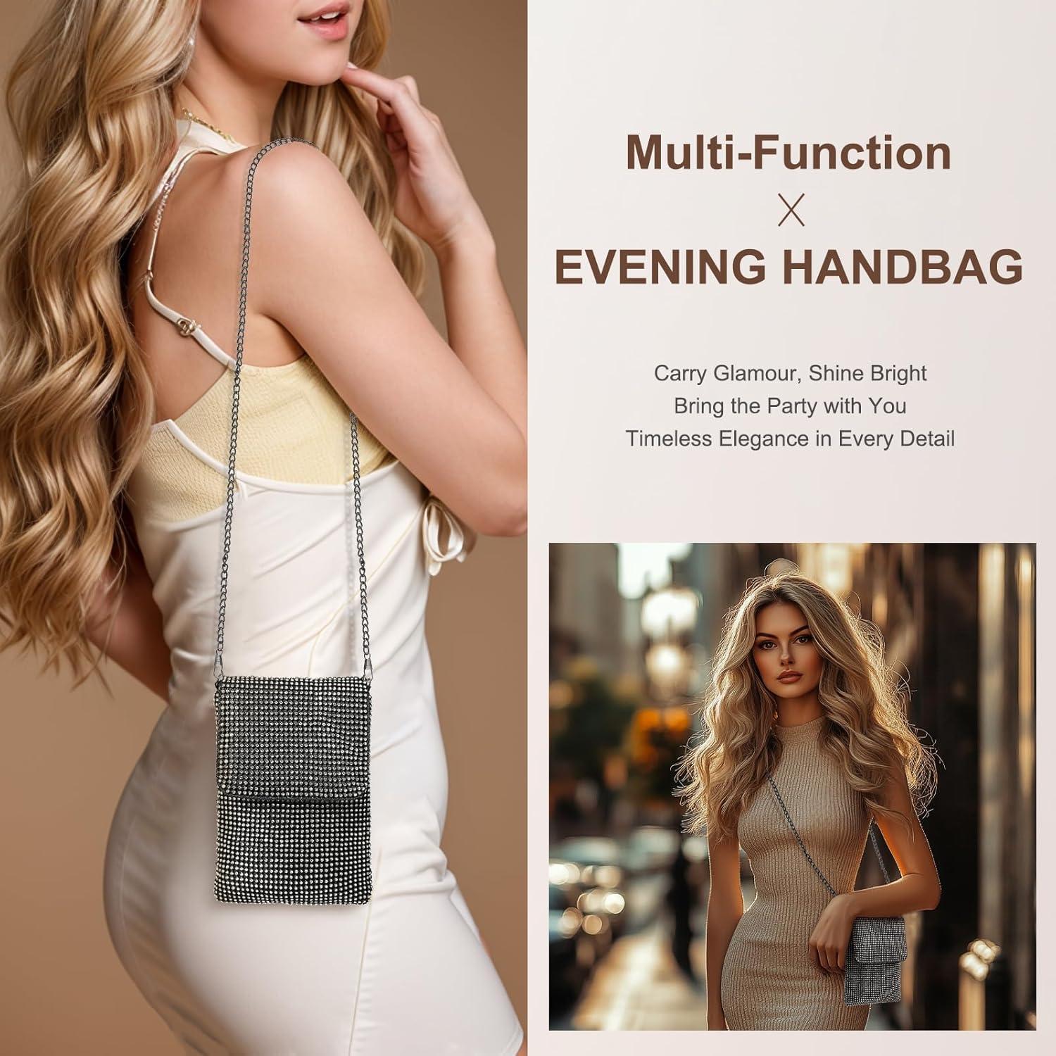 Bolso Clutch de Noche DTGN con Rhinestones Negro 10x18 cm