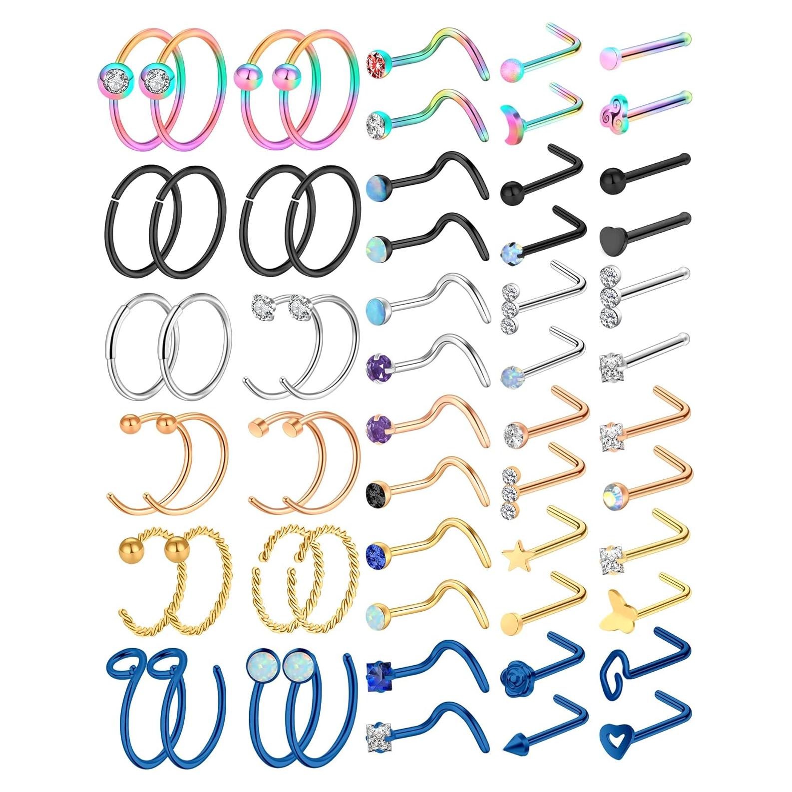 Hicdaw 60 Pcs Aros Nasales Acero Quirúrgico 20G Oro