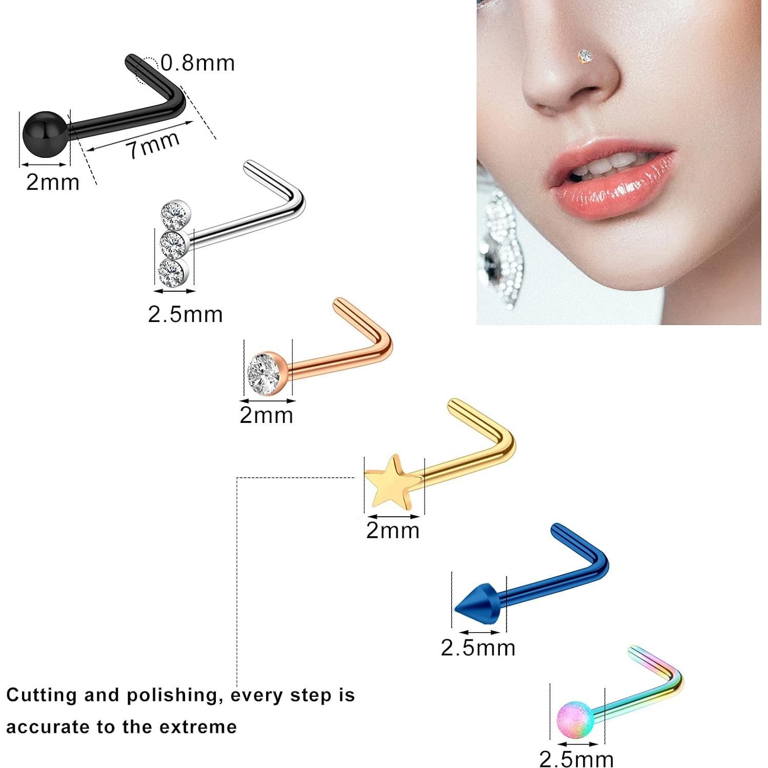 Hicdaw 60 Pcs Aros Nasales Acero Quirúrgico 20G Oro