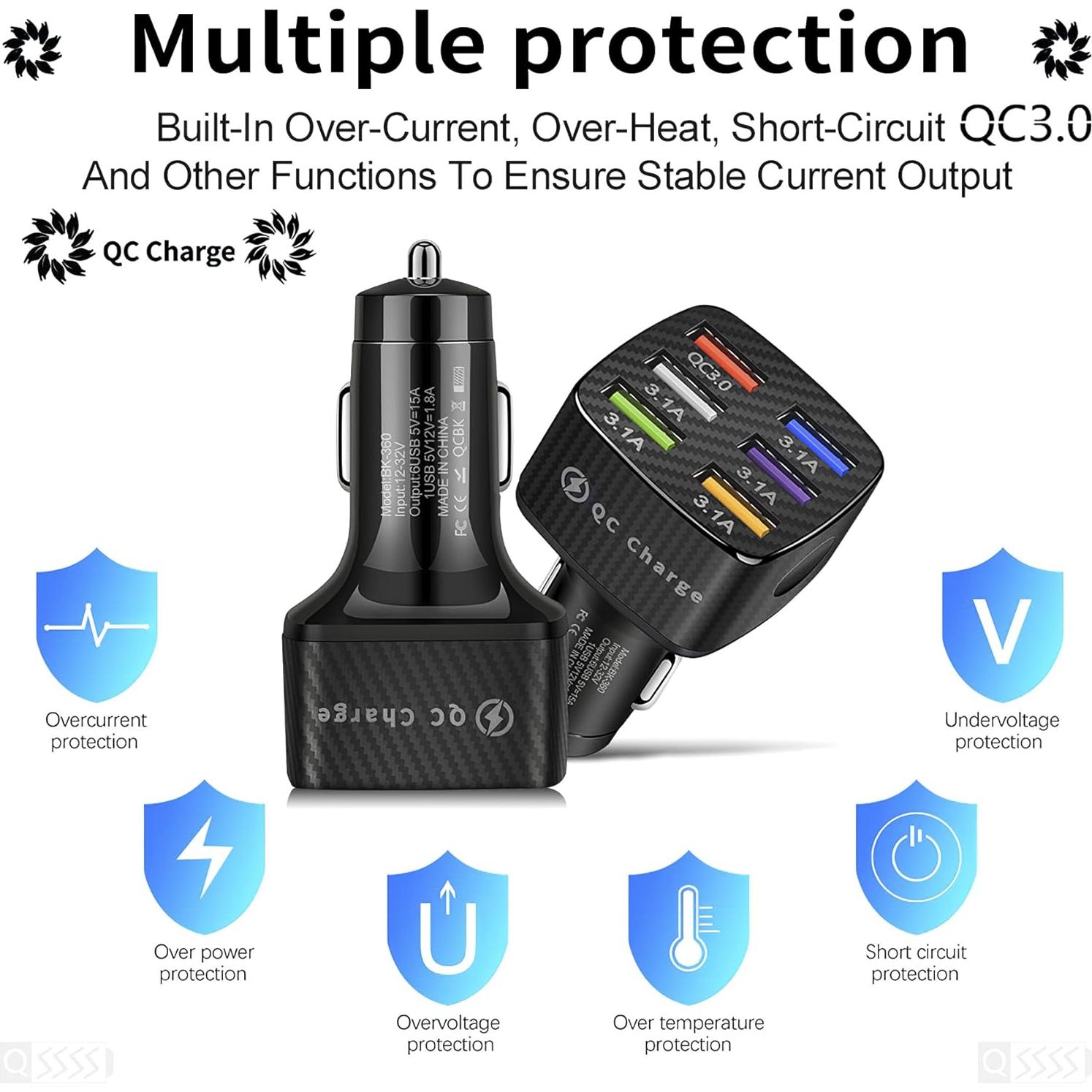 Cargador de Coche Amiss 6 Puertos USB QC 3.0 Carga Rápida Negro