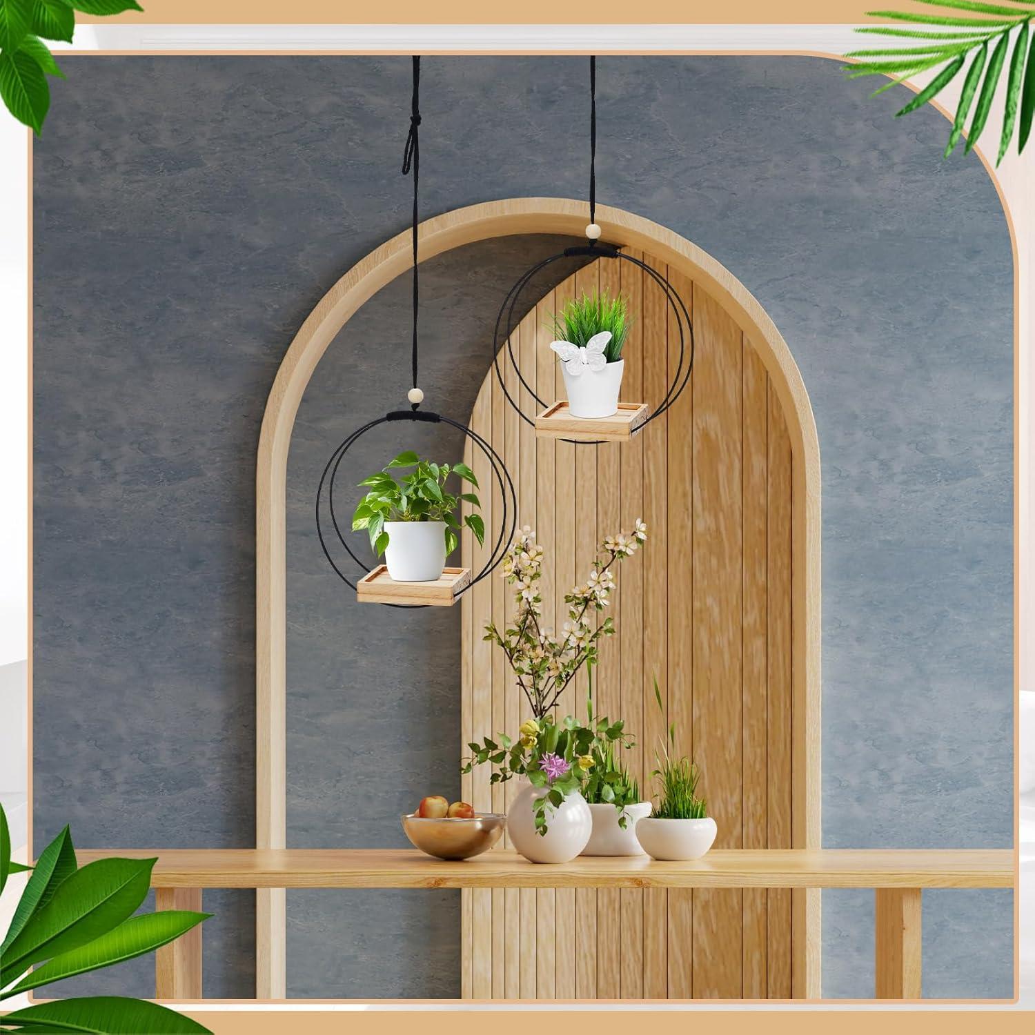 Soporte para Plantas Colgante Geelin 2 Piezas Madera y Hierro Negro