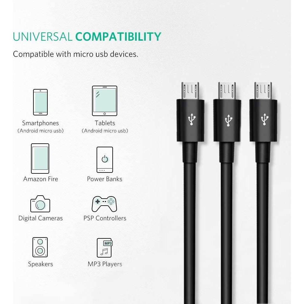 Cable Divisor Micro USB 3 en 1 Herfair 0.91m Carga Rápida