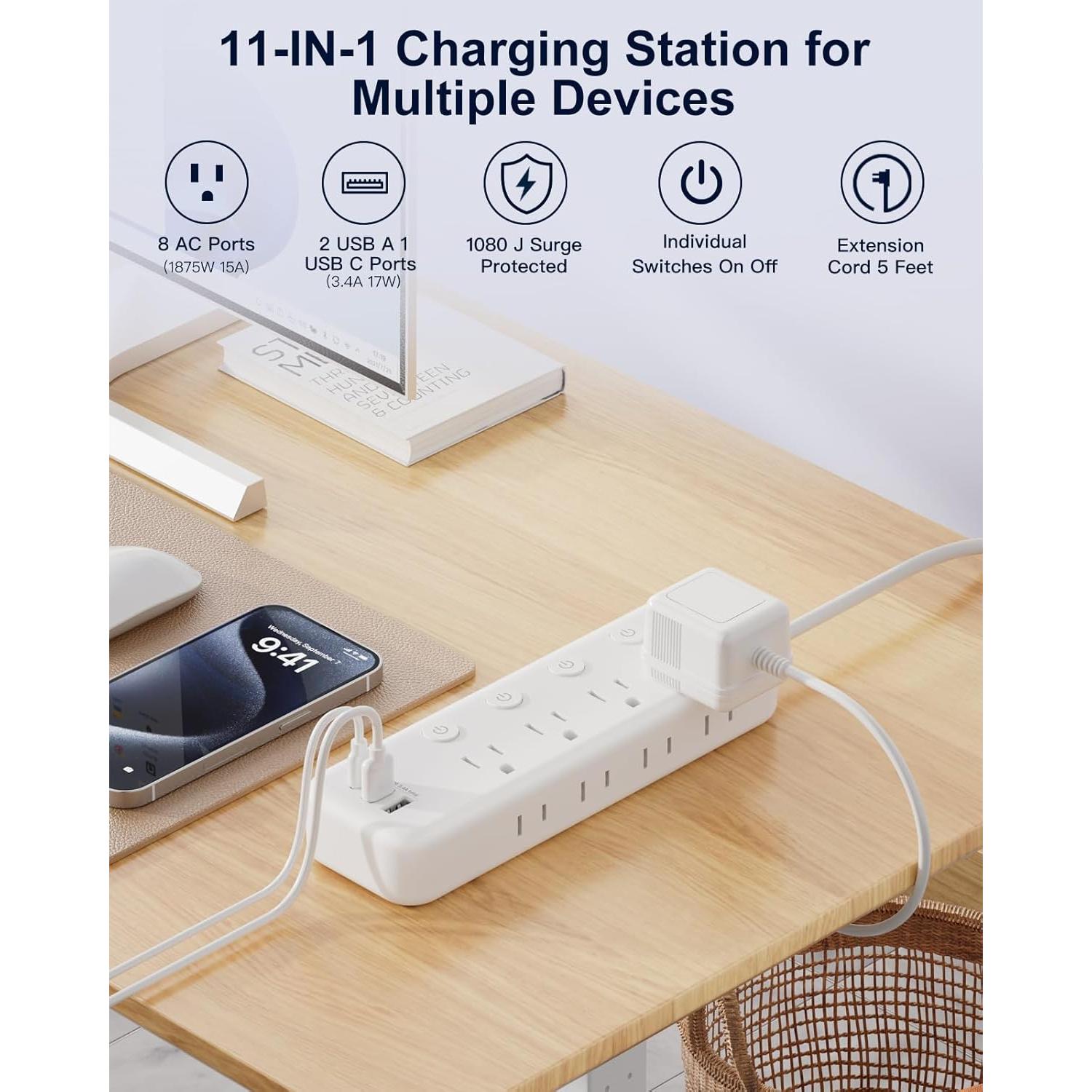 Cable de Extensión Kakahigh 3 Salidas 10FT con USB y Protección