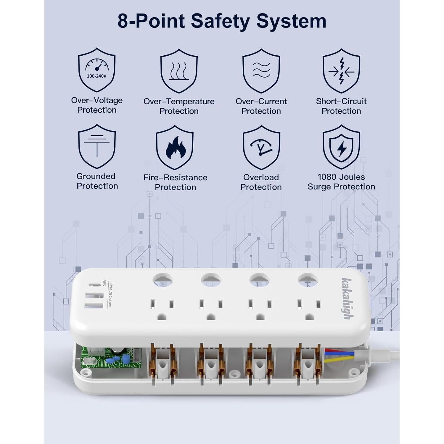 Cable de Extensión Kakahigh 3 Salidas 10FT con USB y Protección