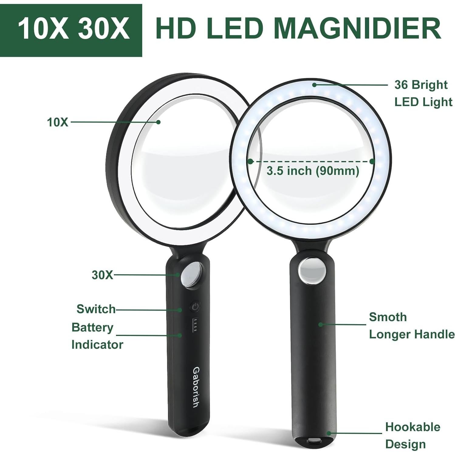 Lupa de Mano GABORISH con Luz LED 10X 30X Vidrio 8.89 cm