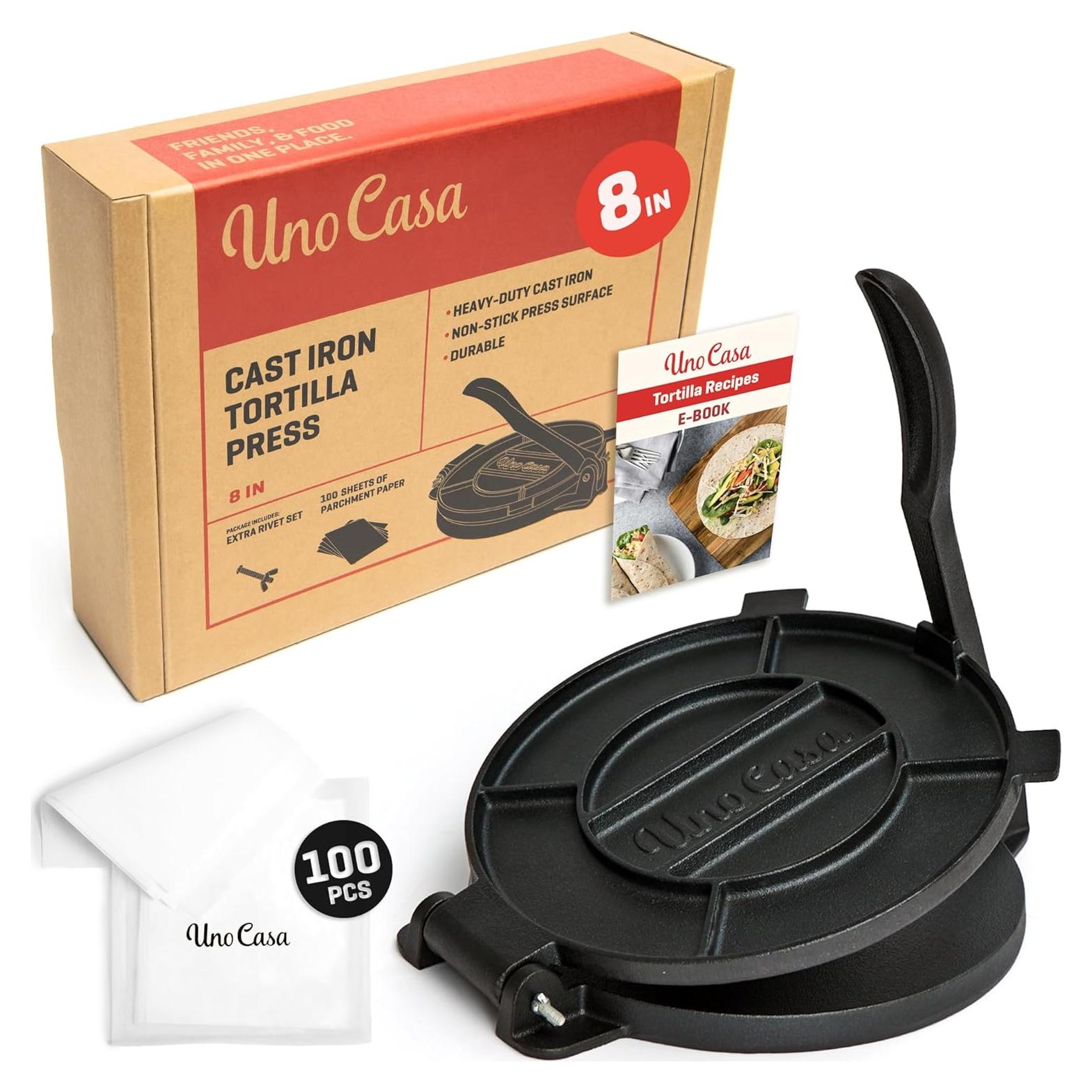 Prensa de Tortilla de Hierro Fundido Uno Casa 20 cm - Incluye 100 Papeles