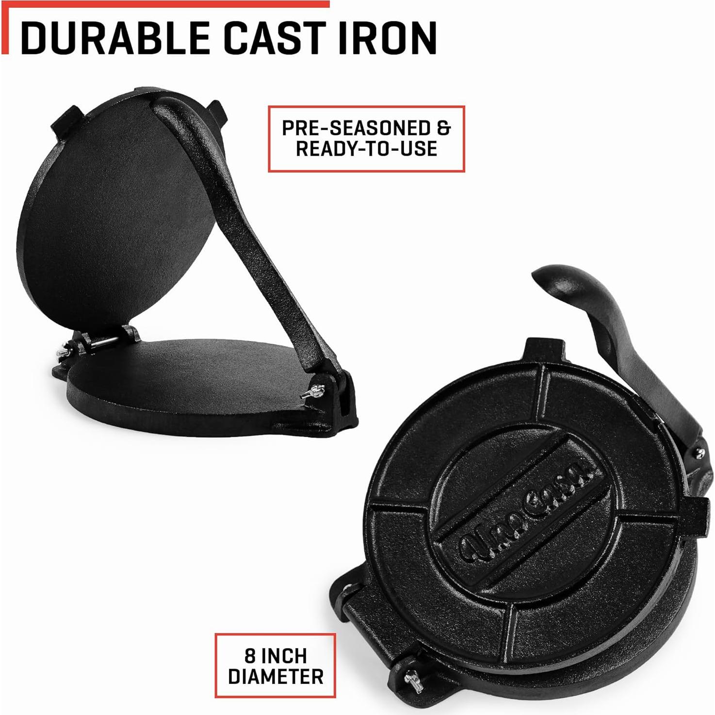 Prensa de Tortilla de Hierro Fundido Uno Casa 20 cm - Incluye 100 Papeles