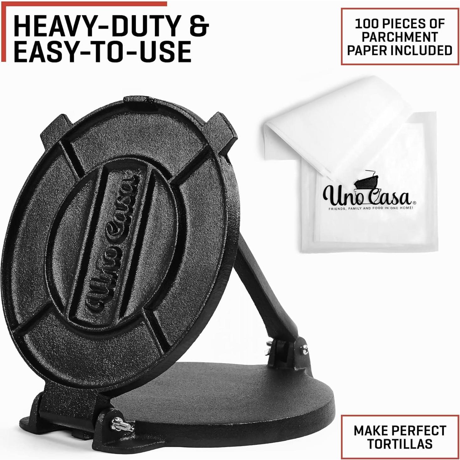Prensa de Tortilla de Hierro Fundido Uno Casa 20 cm - Incluye 100 Papeles