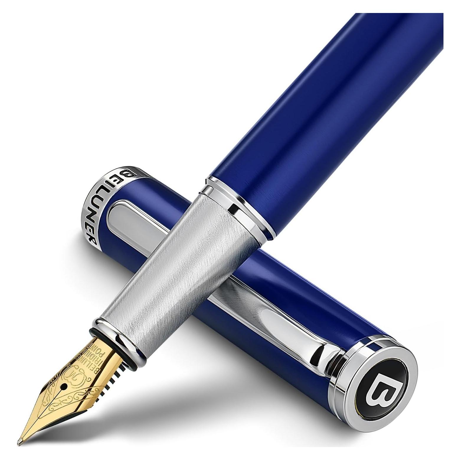 BEILUNER Luxury Fountain Pen Set,Solid 24K Gilded Medium Nib, Modern Classic Limited Edition -Includes 6 Ink Cartridges&Ink Refill Converter with Gift Case-Perfect for Men and Women（Charming blue）