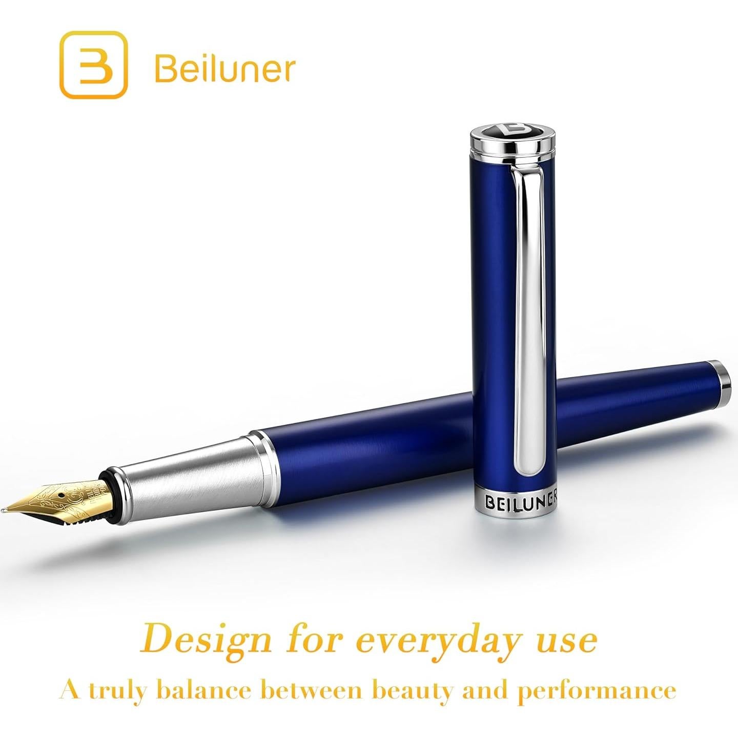BEILUNER Luxury Fountain Pen Set,Solid 24K Gilded Medium Nib, Modern Classic Limited Edition -Includes 6 Ink Cartridges&Ink Refill Converter with Gift Case-Perfect for Men and Women（Charming blue）