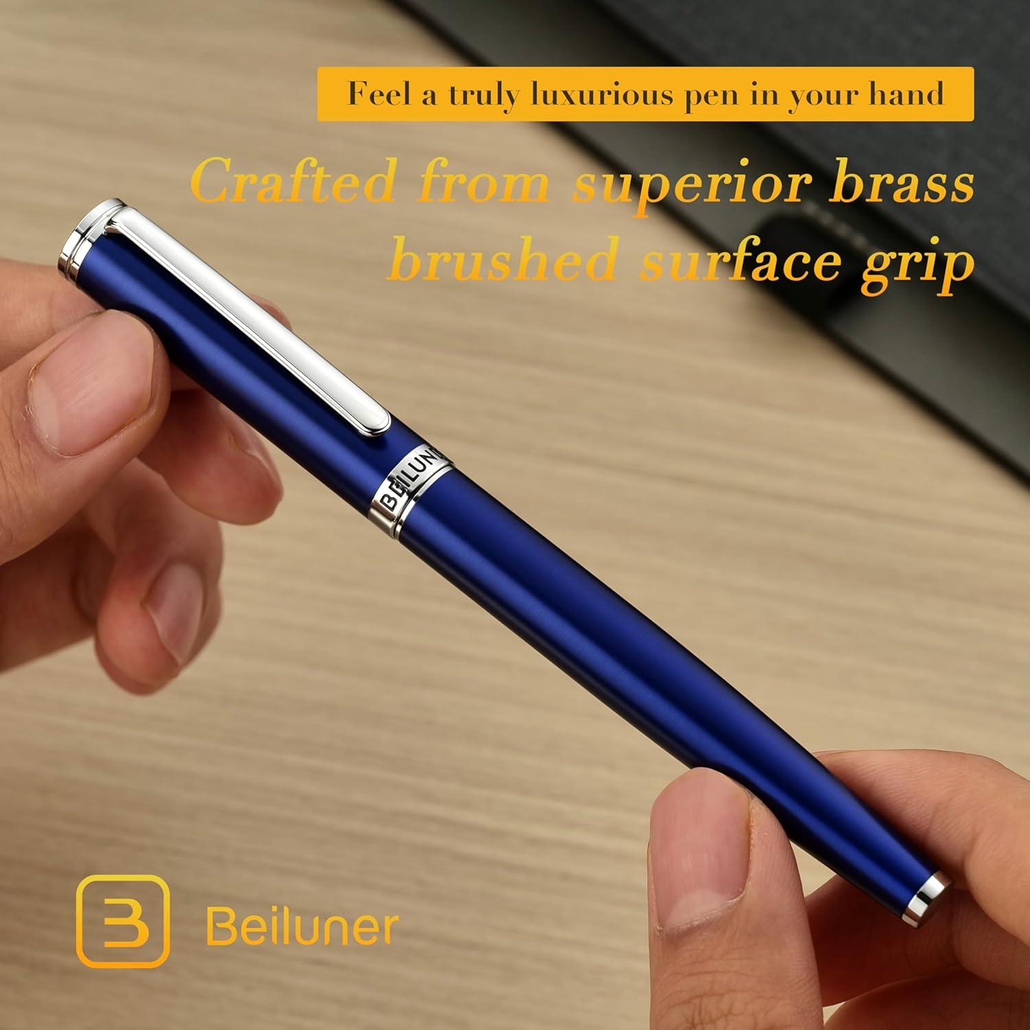 BEILUNER Luxury Fountain Pen Set,Solid 24K Gilded Medium Nib, Modern Classic Limited Edition -Includes 6 Ink Cartridges&Ink Refill Converter with Gift Case-Perfect for Men and Women（Charming blue）
