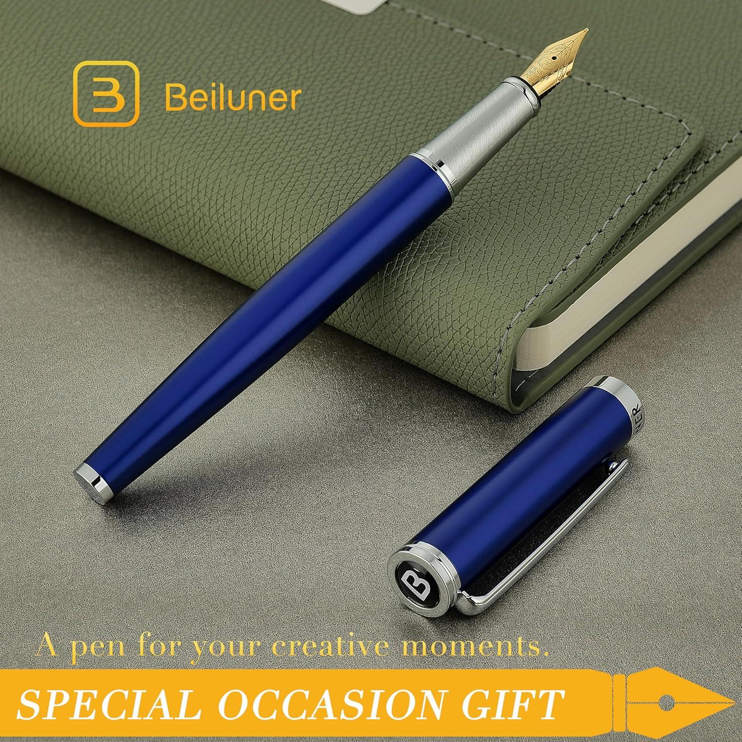 BEILUNER Luxury Fountain Pen Set,Solid 24K Gilded Medium Nib, Modern Classic Limited Edition -Includes 6 Ink Cartridges&Ink Refill Converter with Gift Case-Perfect for Men and Women（Charming blue）