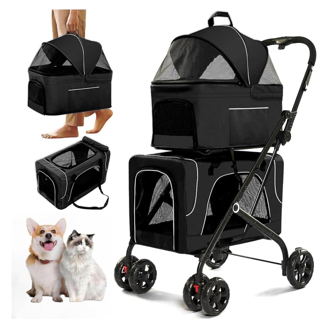 Carrito Doble para Mascotas FunImpact 3 en 1 Plegable Negro