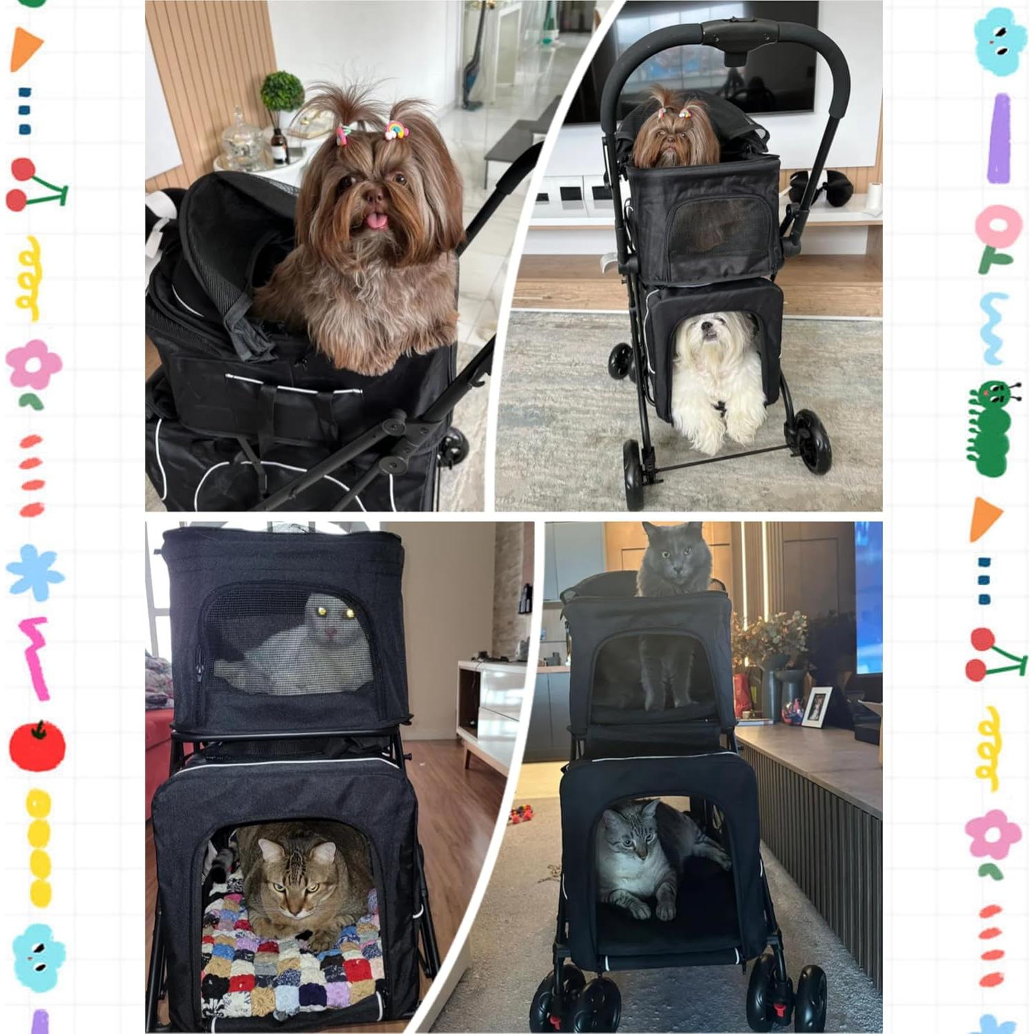 Carrito Doble para Mascotas FunImpact 3 en 1 Plegable Negro