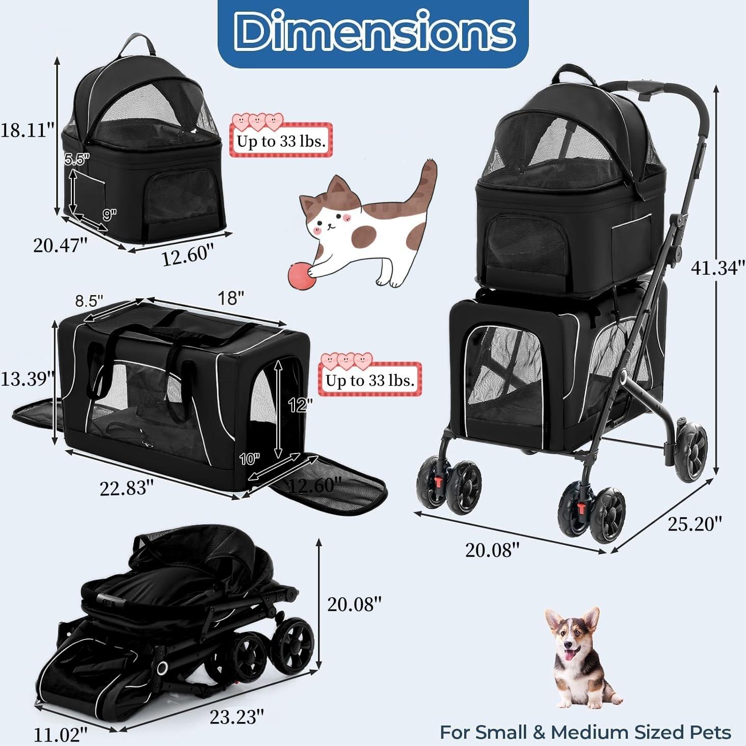 Carrito Doble para Mascotas FunImpact 3 en 1 Plegable Negro