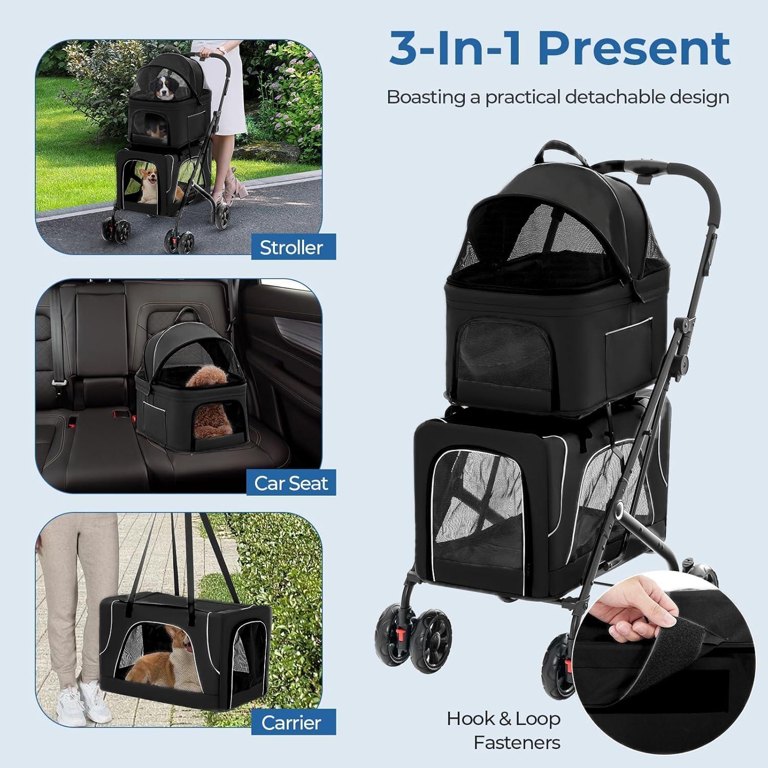 Carrito Doble para Mascotas FunImpact 3 en 1 Plegable Negro