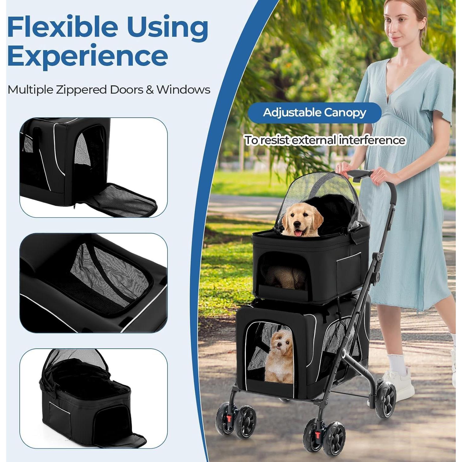 Carrito Doble para Mascotas FunImpact 3 en 1 Plegable Negro