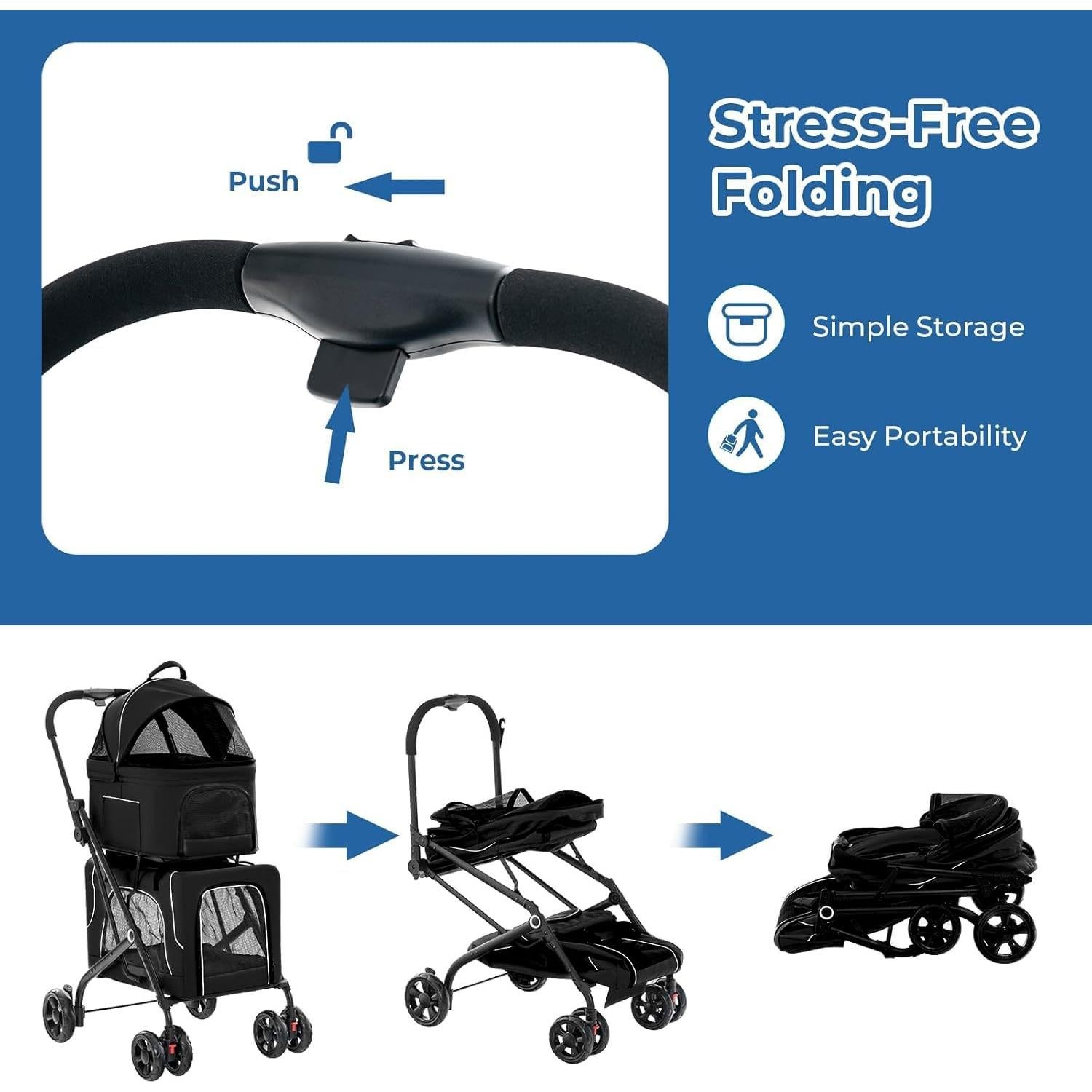 Carrito Doble para Mascotas FunImpact 3 en 1 Plegable Negro