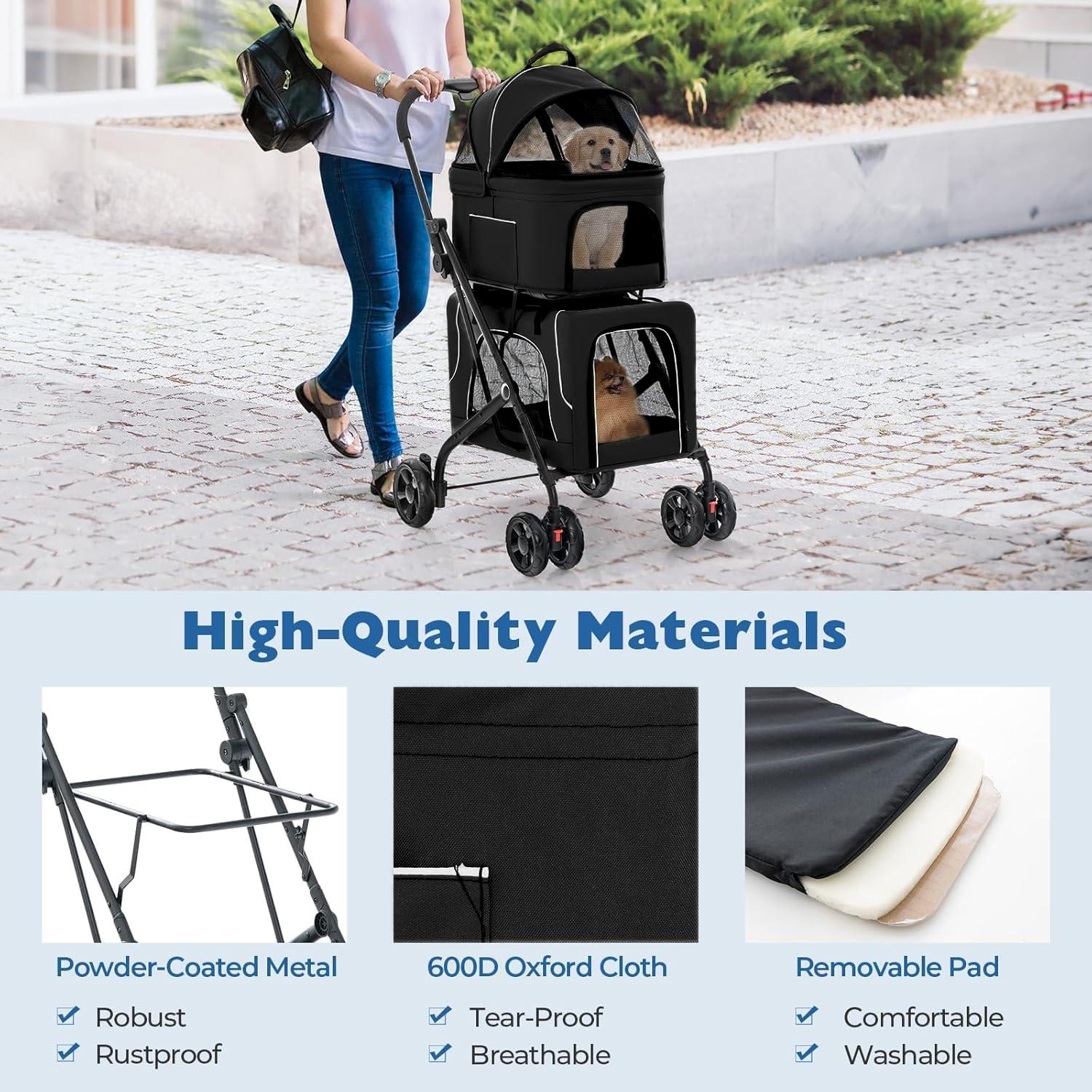 Carrito Doble para Mascotas FunImpact 3 en 1 Plegable Negro