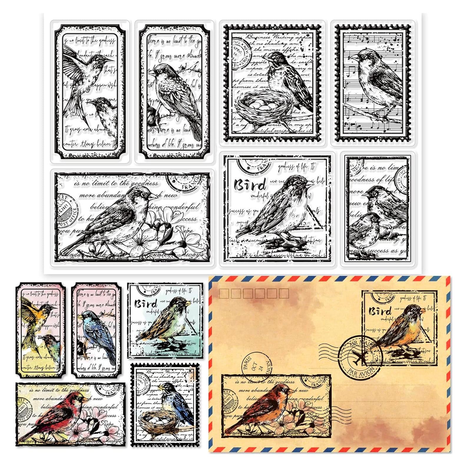 Sello Transparente Vintage GLOBLELAND Flores y Pájaro 11x16 cm