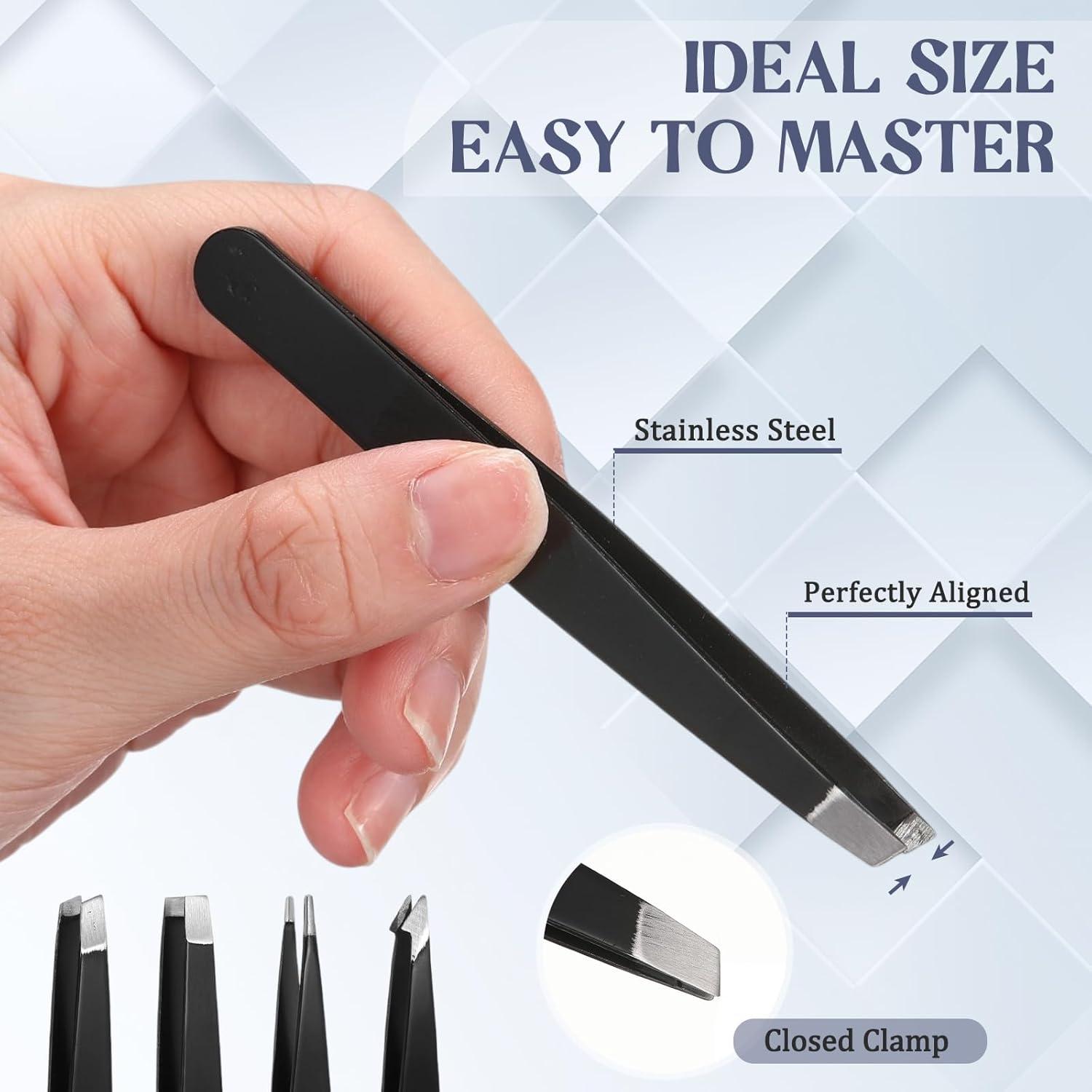 Set de Pinzas para Cejas Lasnten 12 Piezas Acero Inoxidable Negro