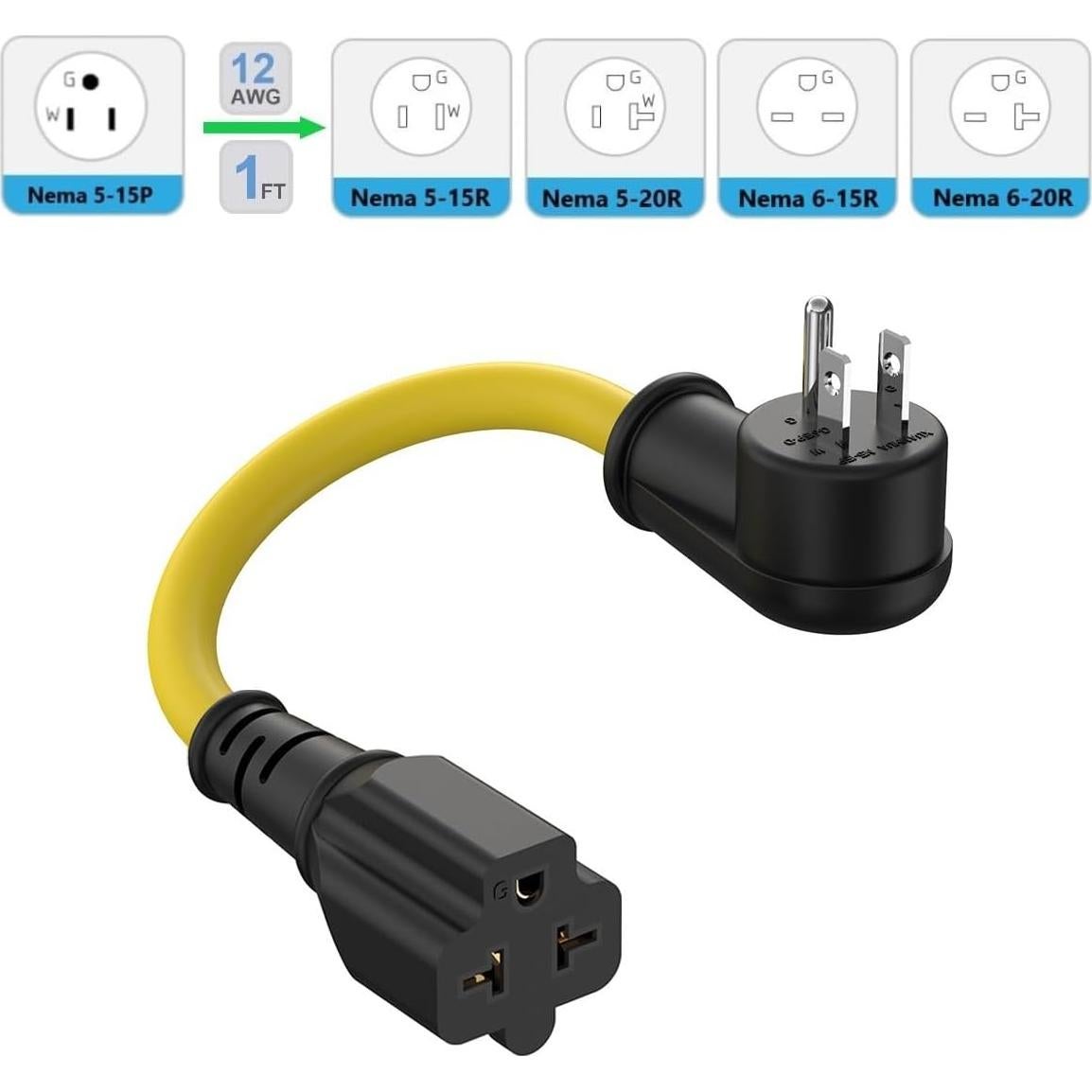 Adaptador de Enchufe 12AWG 1 Pie Nema 5-15P a 5-20R 15A a 20A