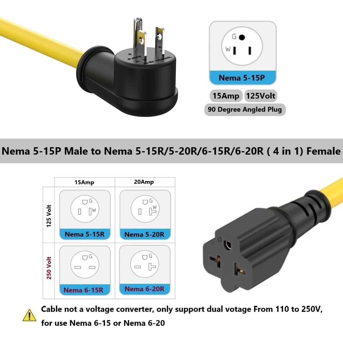 Adaptador de Enchufe 12AWG 1 Pie Nema 5-15P a 5-20R 15A a 20A