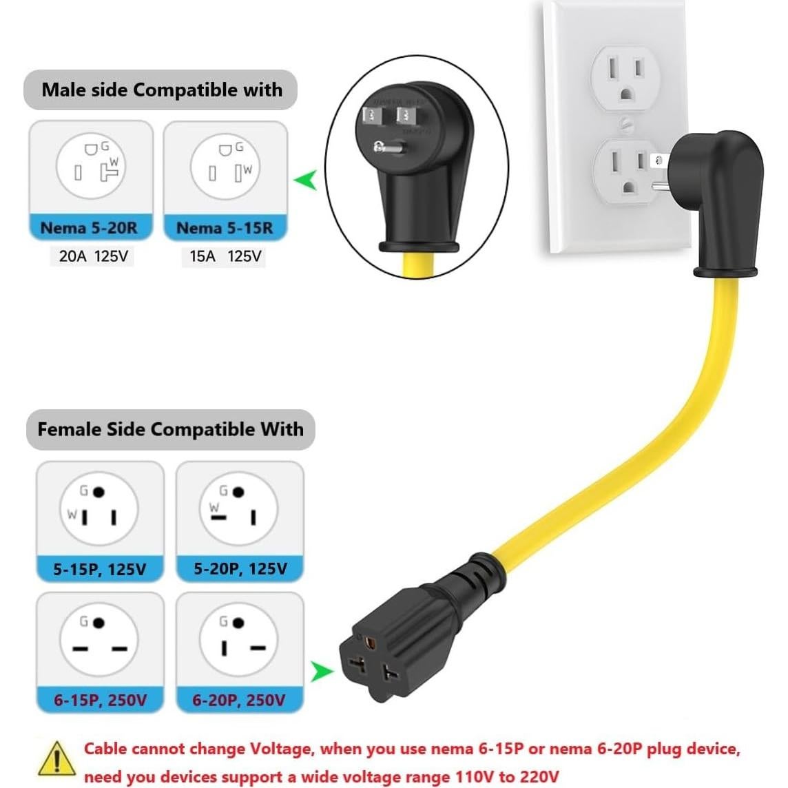 Adaptador de Enchufe 12AWG 1 Pie Nema 5-15P a 5-20R 15A a 20A