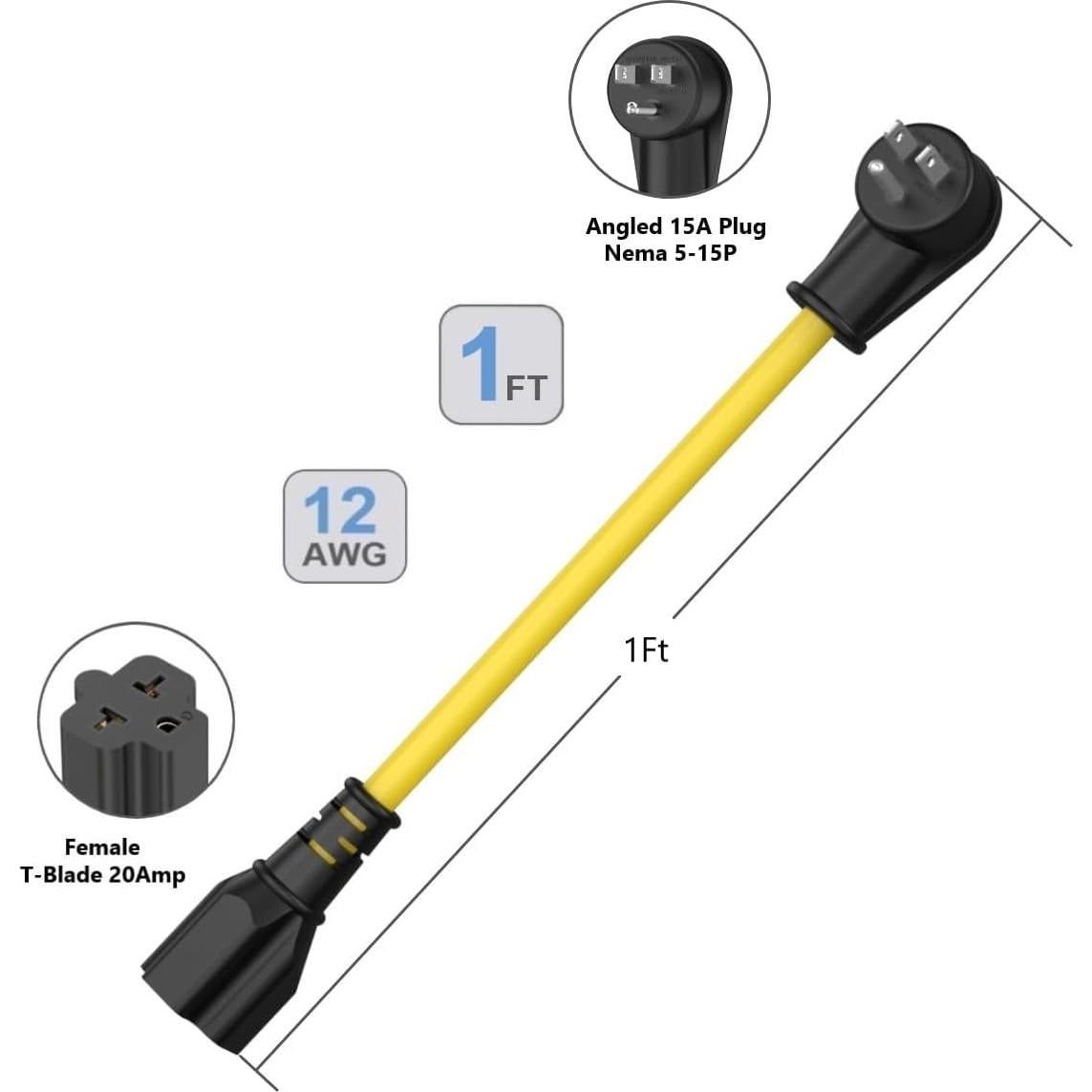 Adaptador de Enchufe 12AWG 1 Pie Nema 5-15P a 5-20R 15A a 20A