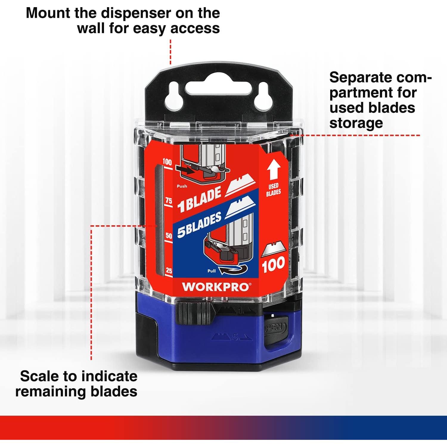 Cuchillas Utility WORKPRO 100 Piezas Acero SK5 Dispensador