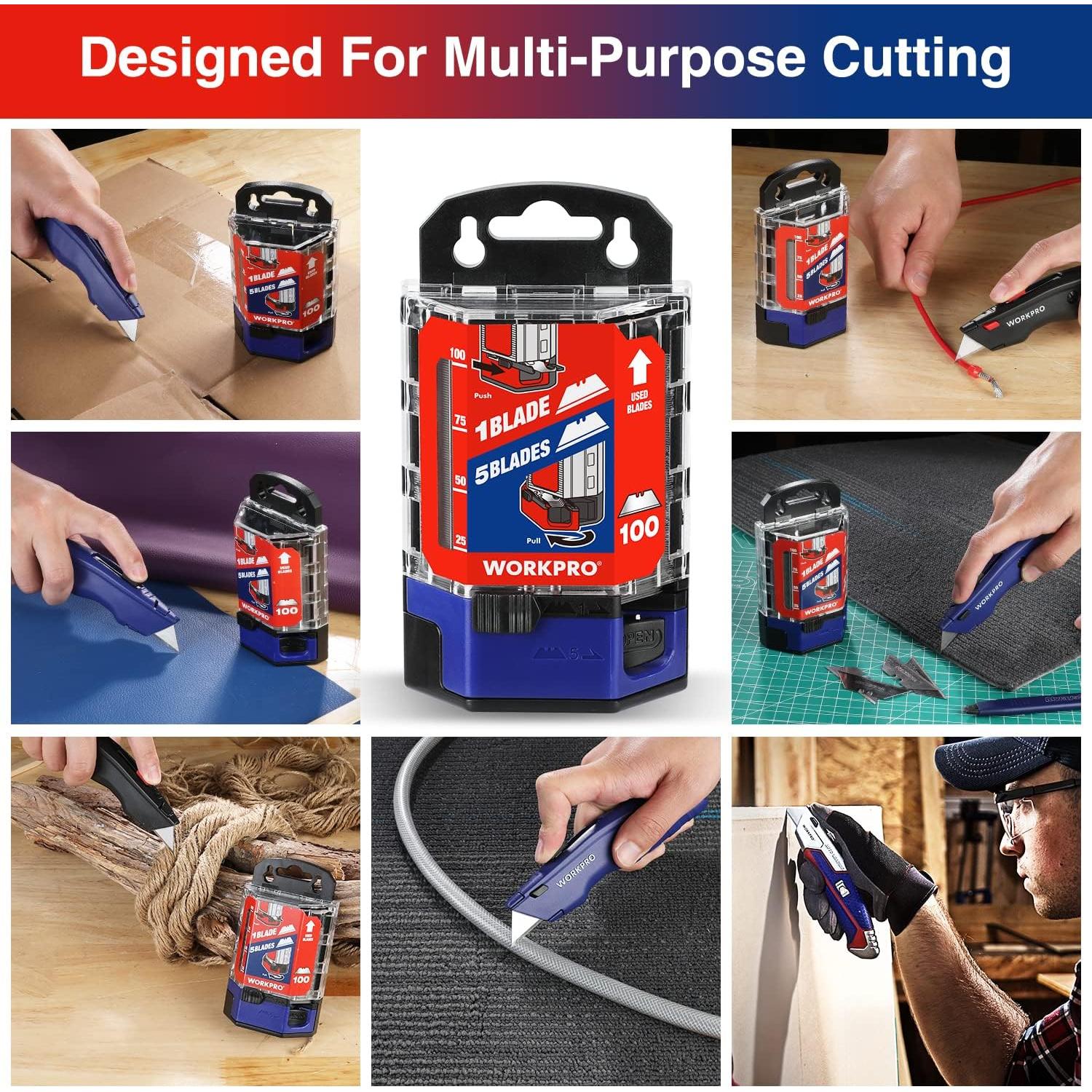 Cuchillas Utility WORKPRO 100 Piezas Acero SK5 Dispensador